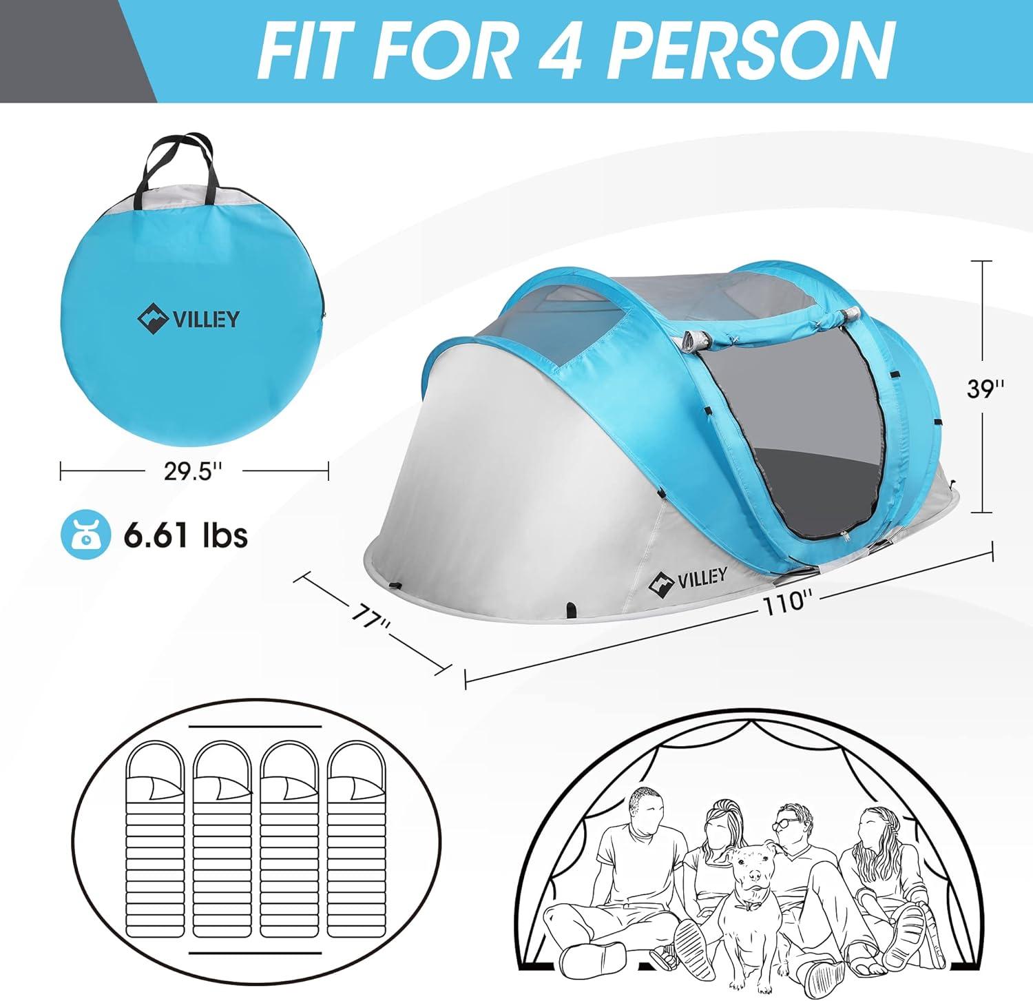 image:imageVILLEY 4 Person Easy Pop Up Tent Waterproof Automatic Setup Instant Lightweight Camping Beach Tent with Carrying Bag for Camping Hiking amp TravelingBlue Grey