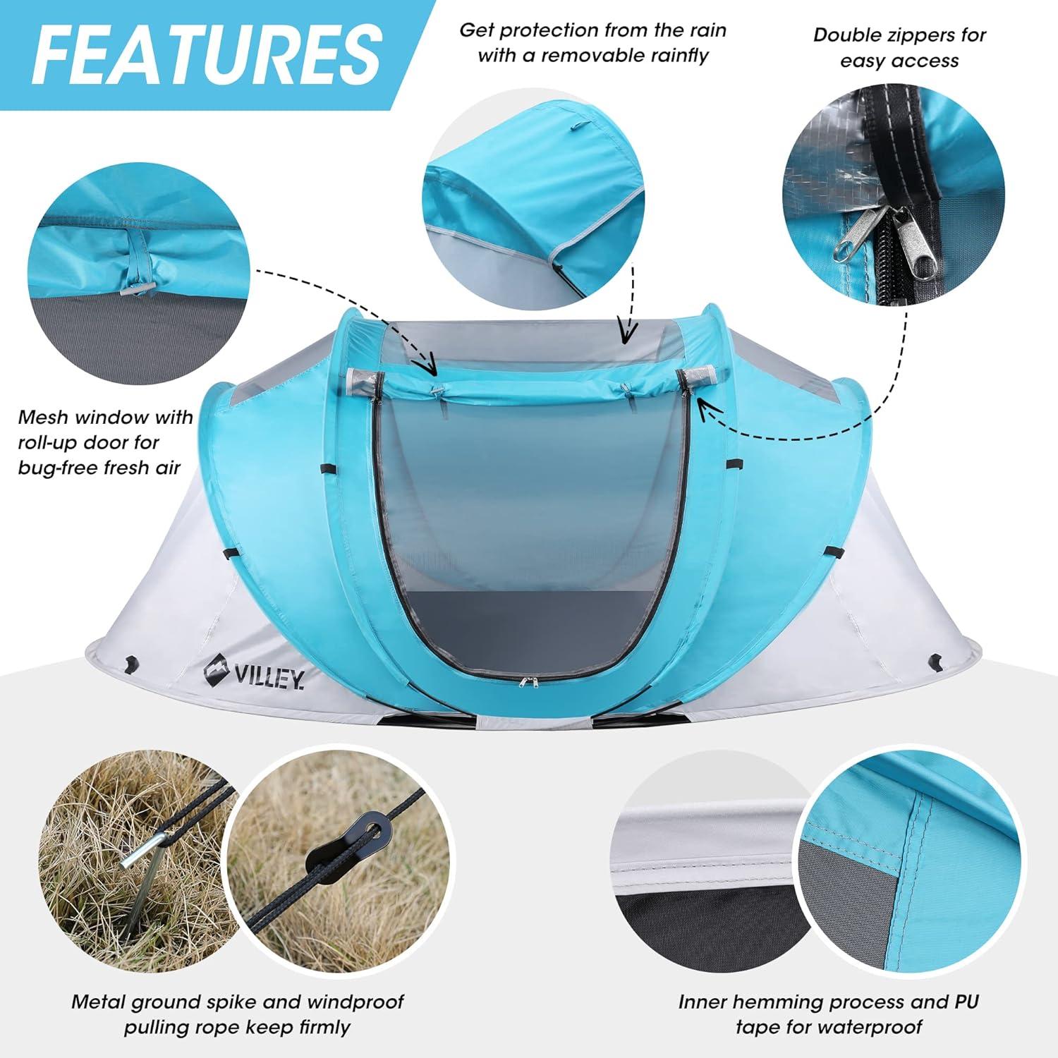 image:imageVILLEY 4 Person Easy Pop Up Tent Waterproof Automatic Setup Instant Lightweight Camping Beach Tent with Carrying Bag for Camping Hiking amp TravelingBlue Grey