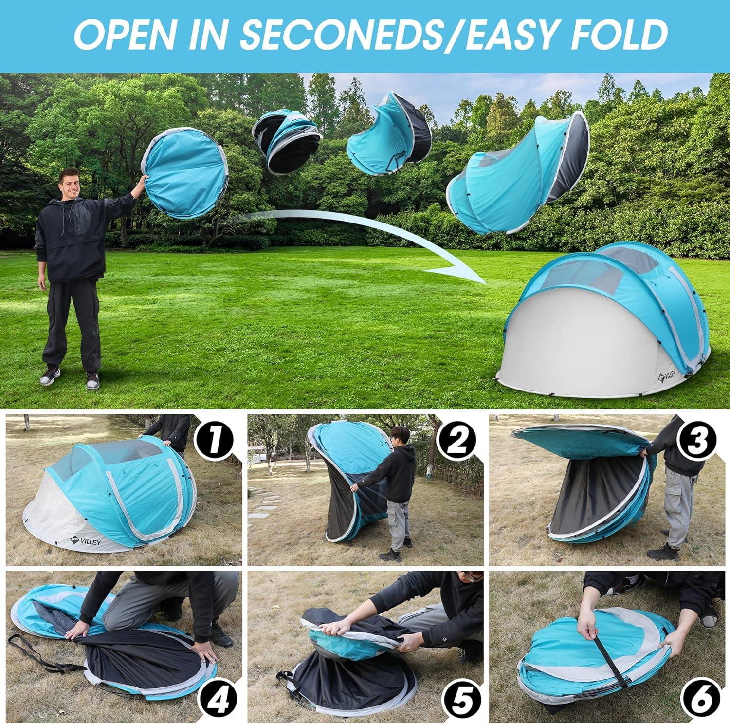image:imageVILLEY 4 Person Easy Pop Up Tent Waterproof Automatic Setup Instant Lightweight Camping Beach Tent with Carrying Bag for Camping Hiking amp TravelingBlue Grey