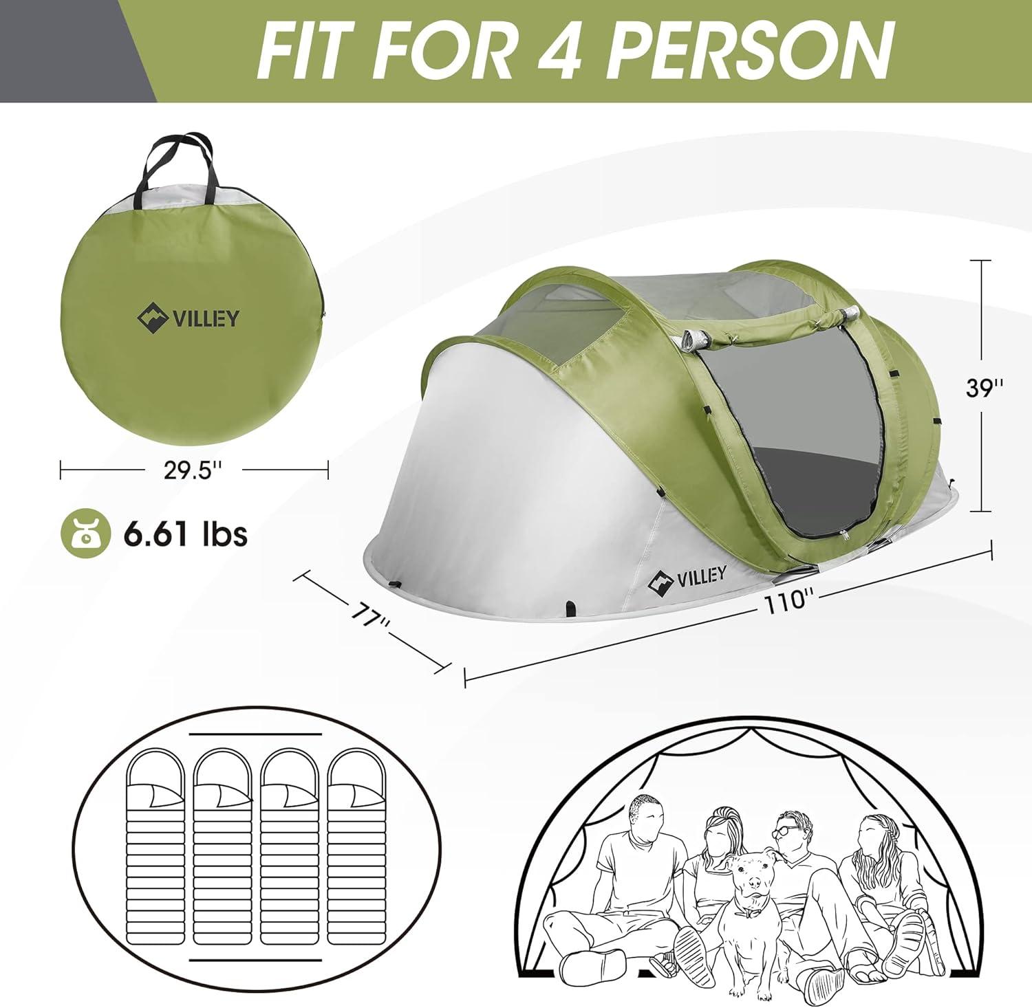 image:imageVILLEY 4 Person Easy Pop Up Tent Waterproof Automatic Setup Instant Lightweight Camping Beach Tent with Carrying Bag for Camping Hiking amp TravelingGreen Grey