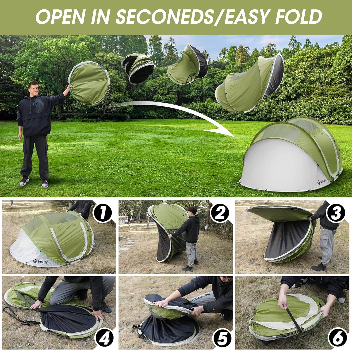 image:imageVILLEY 4 Person Easy Pop Up Tent Waterproof Automatic Setup Instant Lightweight Camping Beach Tent with Carrying Bag for Camping Hiking amp TravelingGreen Grey