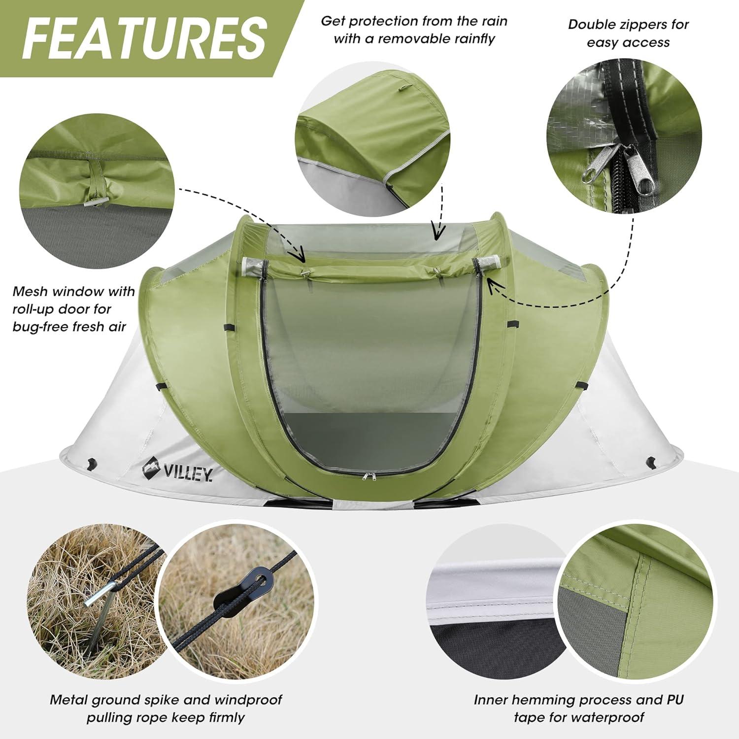 image:imageVILLEY 4 Person Easy Pop Up Tent Waterproof Automatic Setup Instant Lightweight Camping Beach Tent with Carrying Bag for Camping Hiking amp TravelingGreen Grey