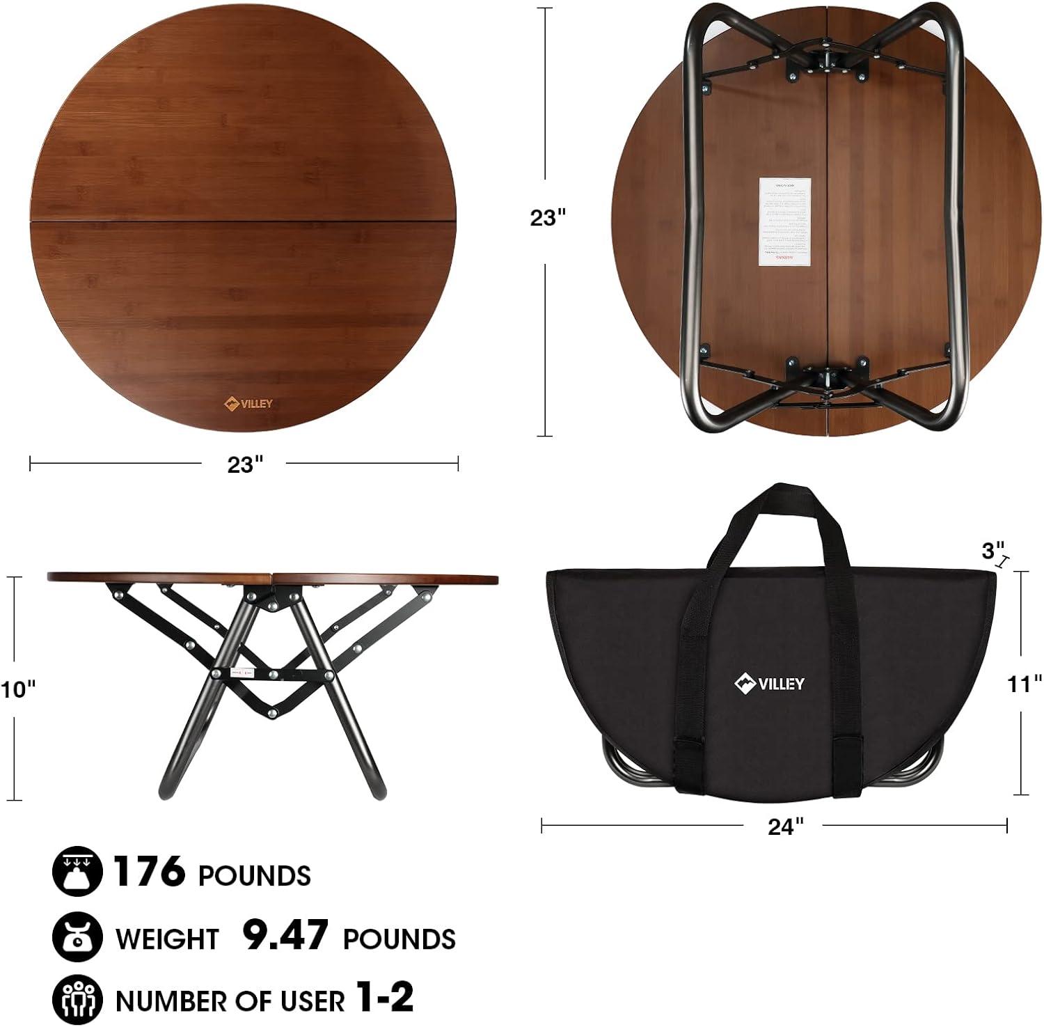 image:imageVILLEY Bamboo Round Folding Table Camping Halffold Portable Table with Carrying Bag for Indoor amp Outdoor Picnic Coffee Barbecue Beach Card Game