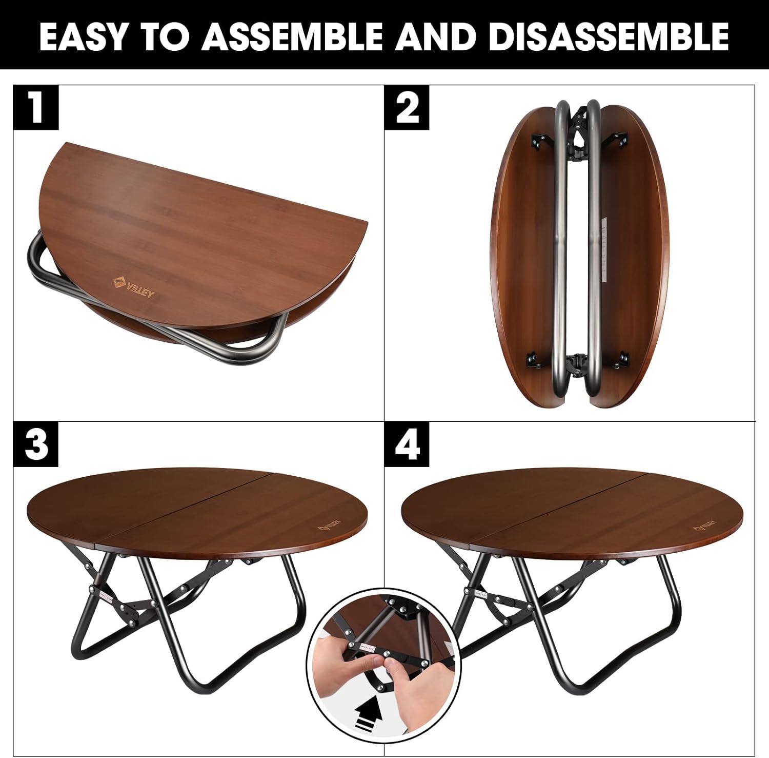 image:imageVILLEY Bamboo Round Folding Table Camping Halffold Portable Table with Carrying Bag for Indoor amp Outdoor Picnic Coffee Barbecue Beach Card Game