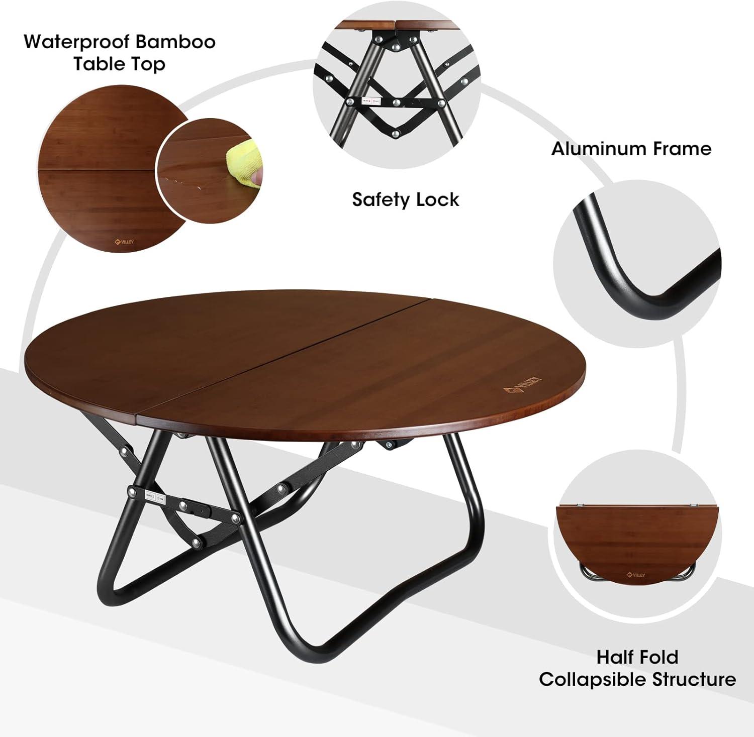 image:imageVILLEY Bamboo Round Folding Table Camping Halffold Portable Table with Carrying Bag for Indoor amp Outdoor Picnic Coffee Barbecue Beach Card Game