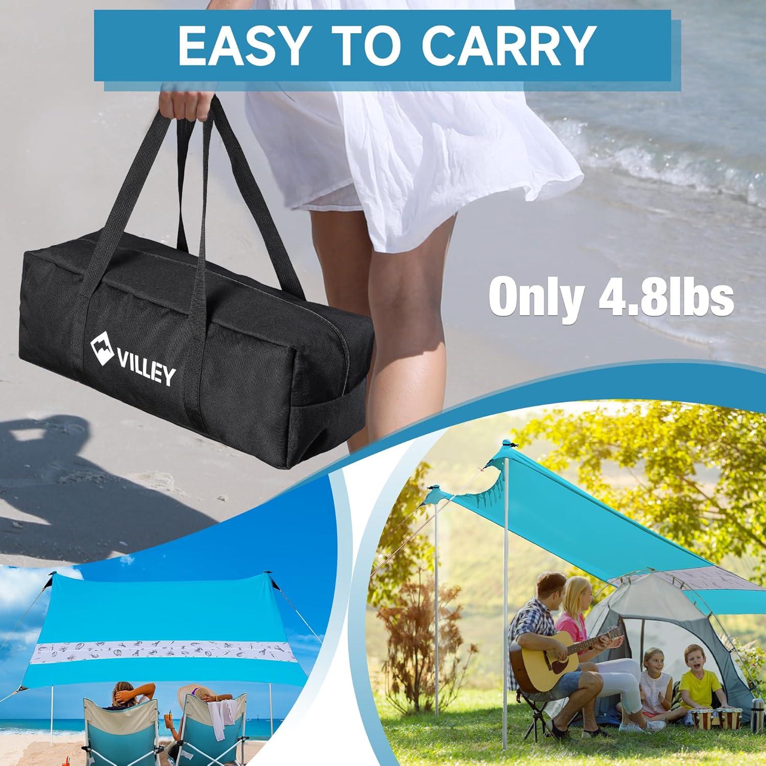 image:imageVILLEY Beach Tent Sun Shelter with UPF50 Protection for 5 Person 8x7FT Portable Sun Shade with 2 Stability Poles and 4 Sandbags Outdoor Beach Canopy for Camping Picnics Fishing OutdoorsKhakiBlue