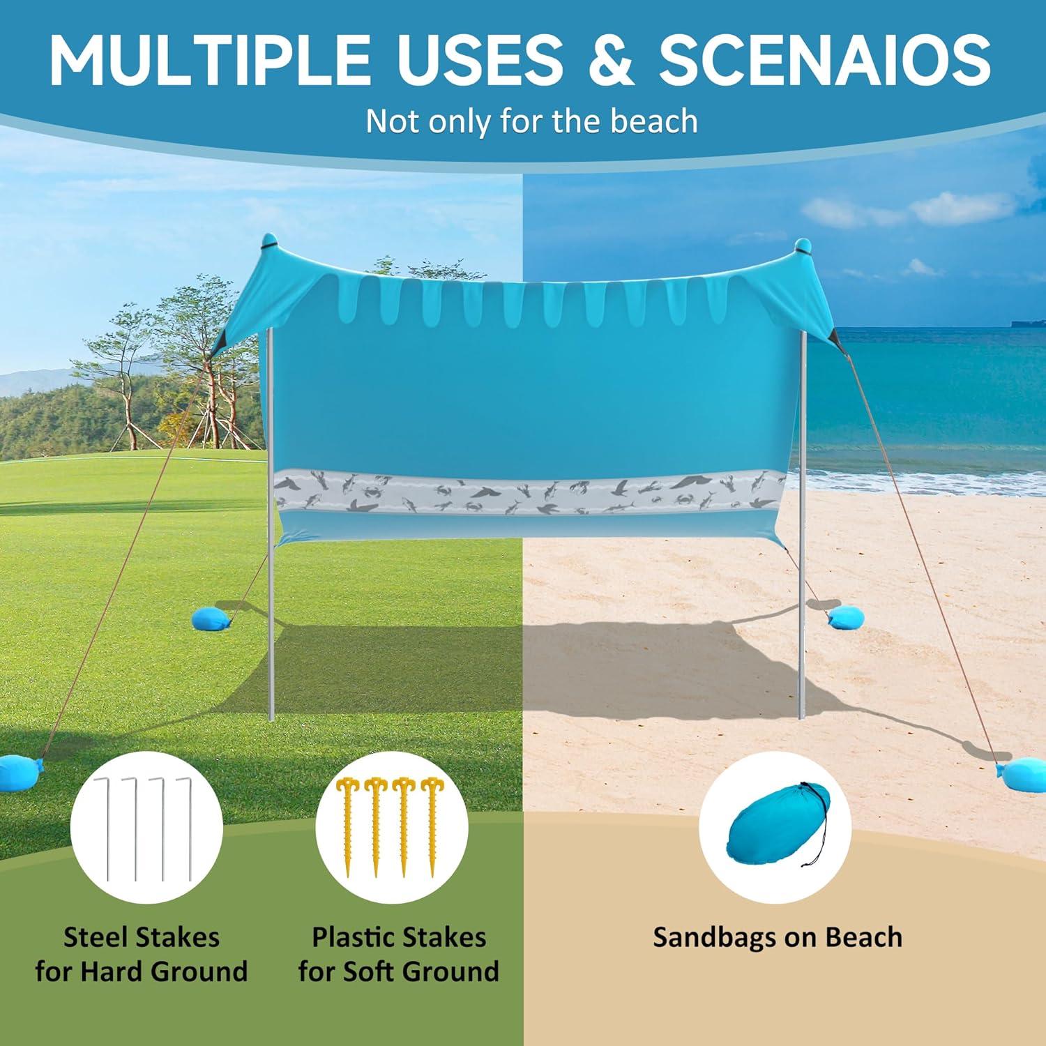 image:imageVILLEY Beach Tent Sun Shelter with UPF50 Protection for 5 Person 8x7FT Portable Sun Shade with 2 Stability Poles and 4 Sandbags Outdoor Beach Canopy for Camping Picnics Fishing OutdoorsKhakiBlue