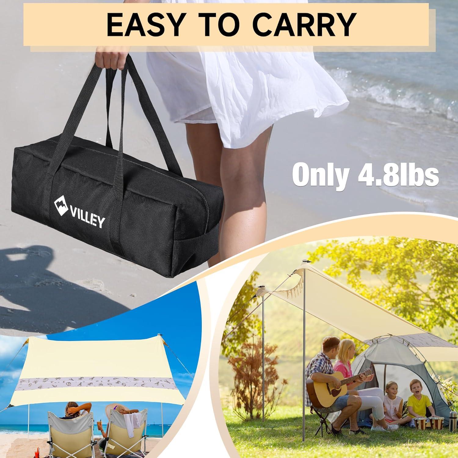 image:imageVILLEY Beach Tent Sun Shelter with UPF50 Protection for 5 Person 8x7FT Portable Sun Shade with 2 Stability Poles and 4 Sandbags Outdoor Beach Canopy for Camping Picnics Fishing OutdoorsKhakiKhaki