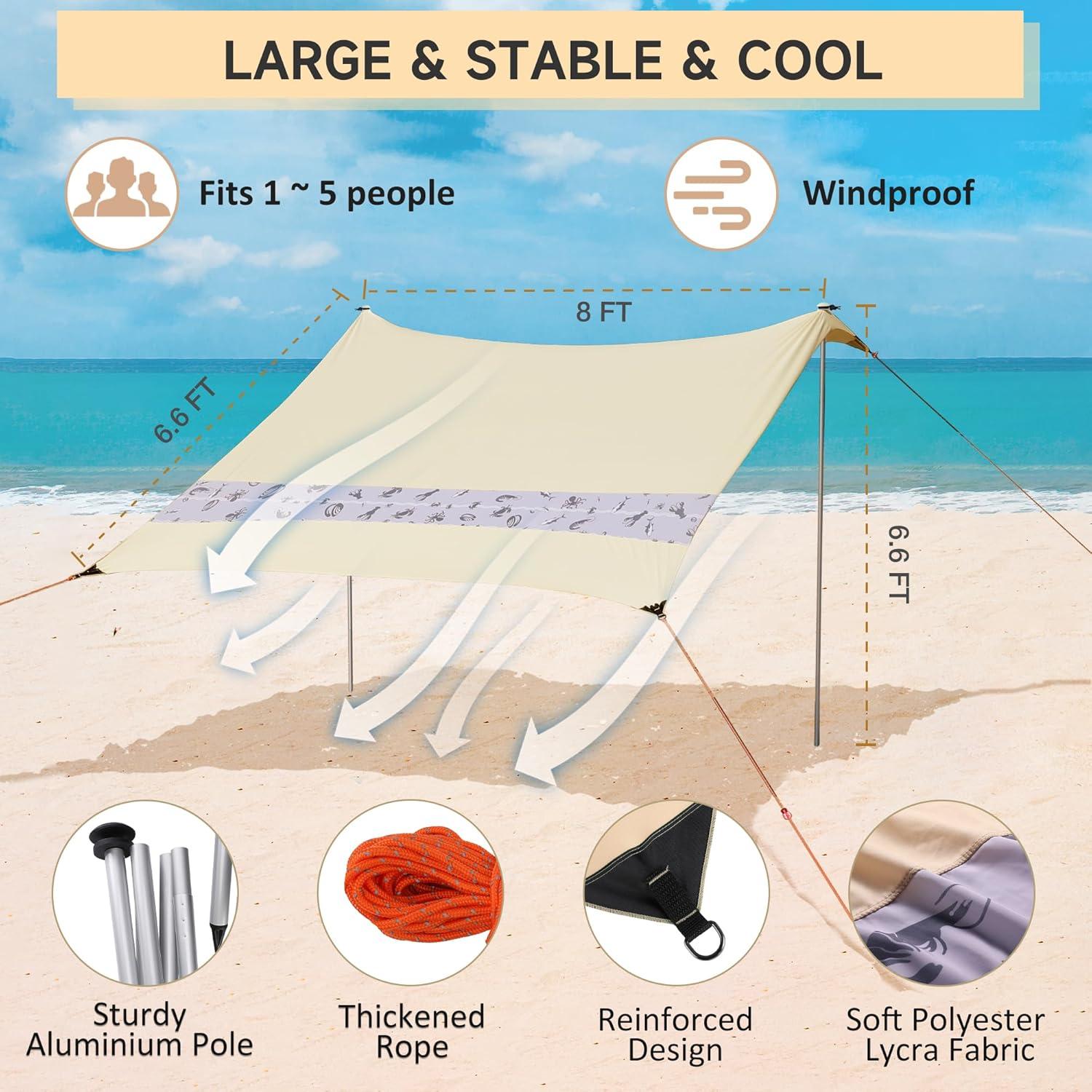 image:imageVILLEY Beach Tent Sun Shelter with UPF50 Protection for 5 Person 8x7FT Portable Sun Shade with 2 Stability Poles and 4 Sandbags Outdoor Beach Canopy for Camping Picnics Fishing OutdoorsKhakiKhaki
