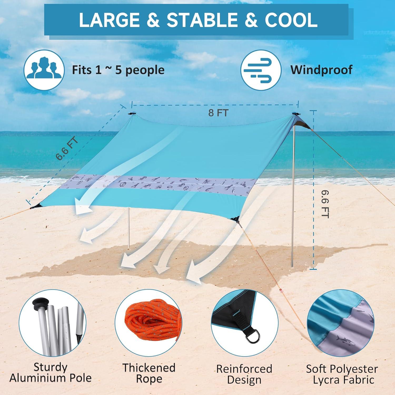 image:imageVILLEY Beach Tent Sun Shelter with UPF50 Protection for 5 Person 8x7FT Portable Sun Shade with 2 Stability Poles and 4 Sandbags Outdoor Beach Canopy for Camping Picnics Fishing OutdoorsKhakiBlue