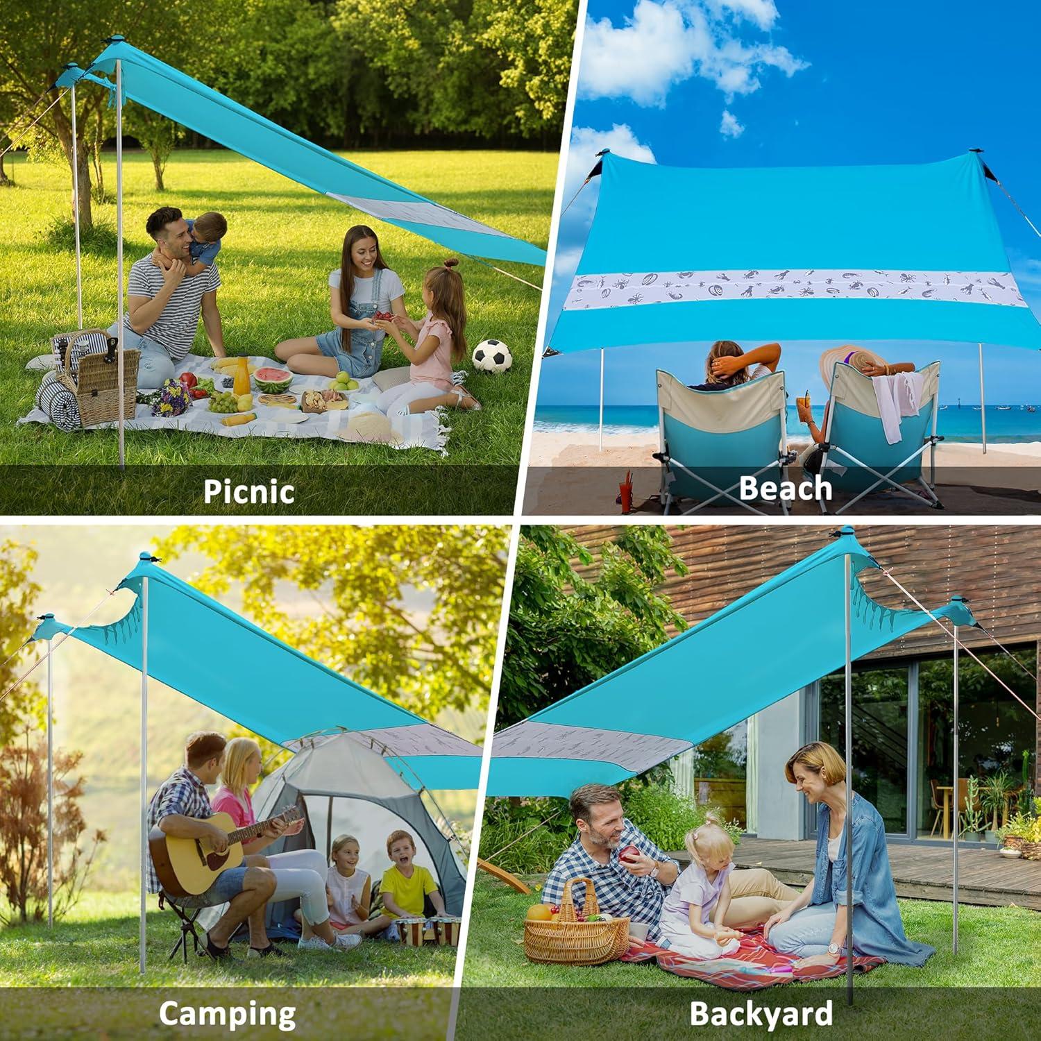 image:imageVILLEY Beach Tent Sun Shelter with UPF50 Protection for 5 Person 8x7FT Portable Sun Shade with 2 Stability Poles and 4 Sandbags Outdoor Beach Canopy for Camping Picnics Fishing OutdoorsKhakiBlue