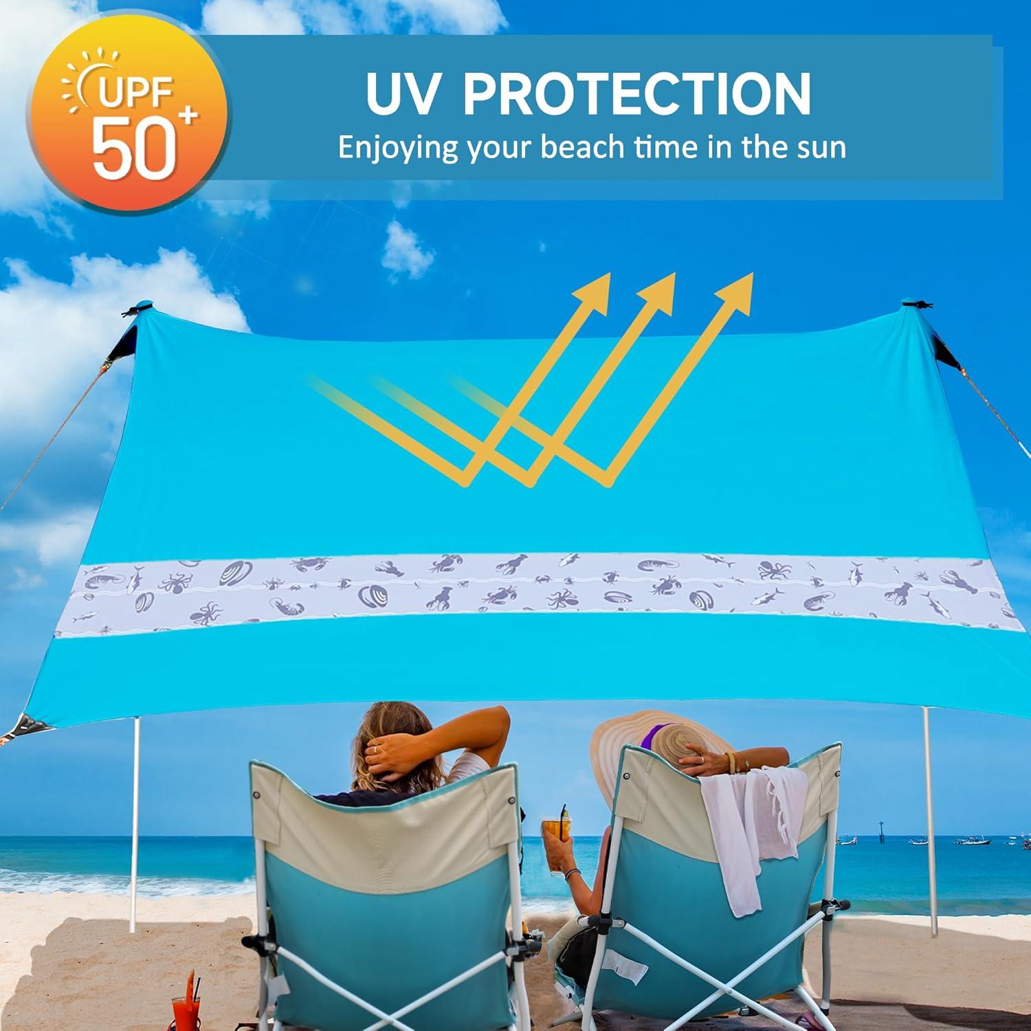 image:imageVILLEY Beach Tent Sun Shelter with UPF50 Protection for 5 Person 8x7FT Portable Sun Shade with 2 Stability Poles and 4 Sandbags Outdoor Beach Canopy for Camping Picnics Fishing OutdoorsKhakiBlue