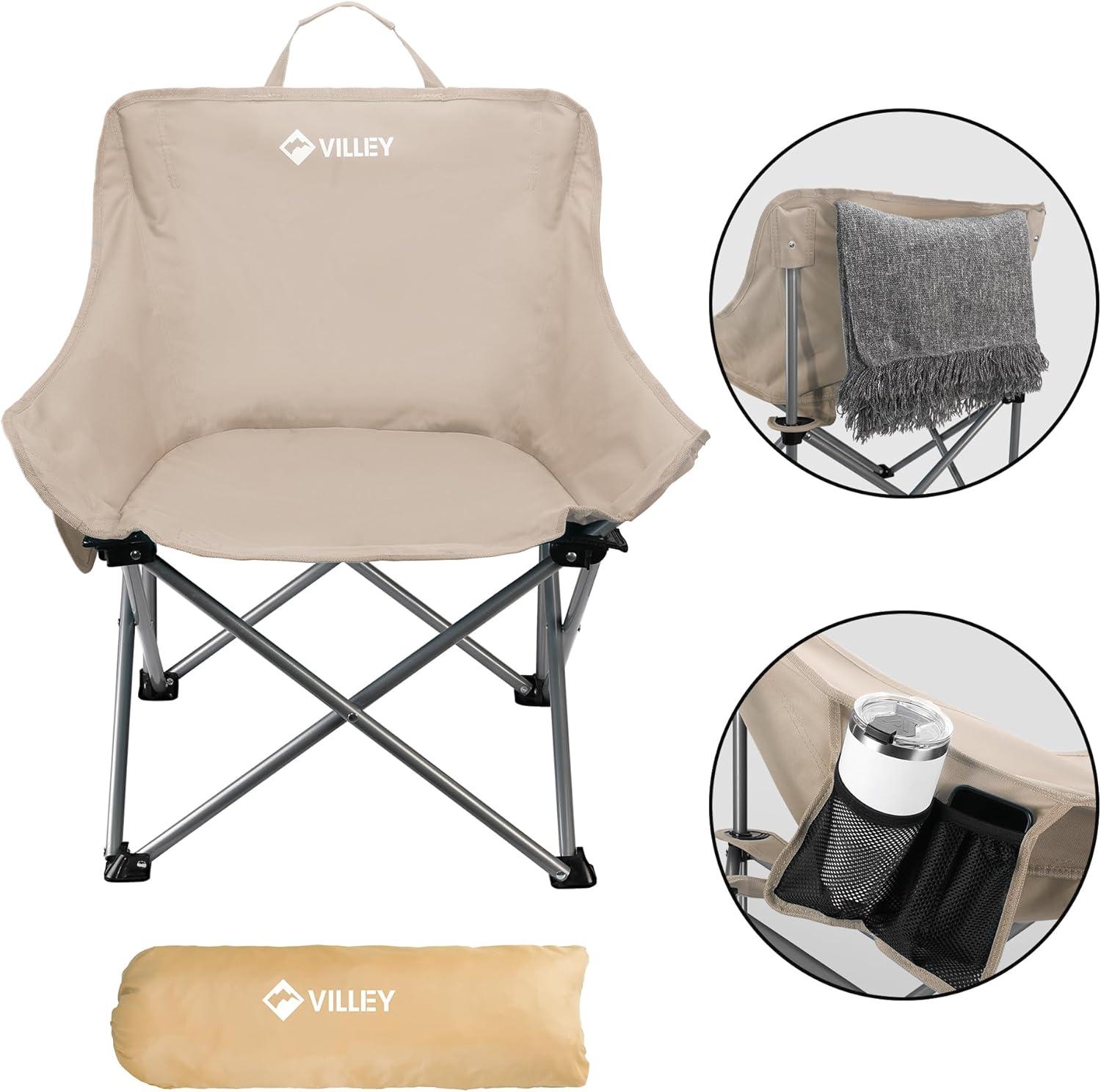 image:imageVILLEY Camping Chair Beach Folding Chair Outdoor Lawn Portable Lightweight Chair Foldable Chair with Carry Bag for Outside Hiking Fishing Travel Beach and Sports BlueBeige