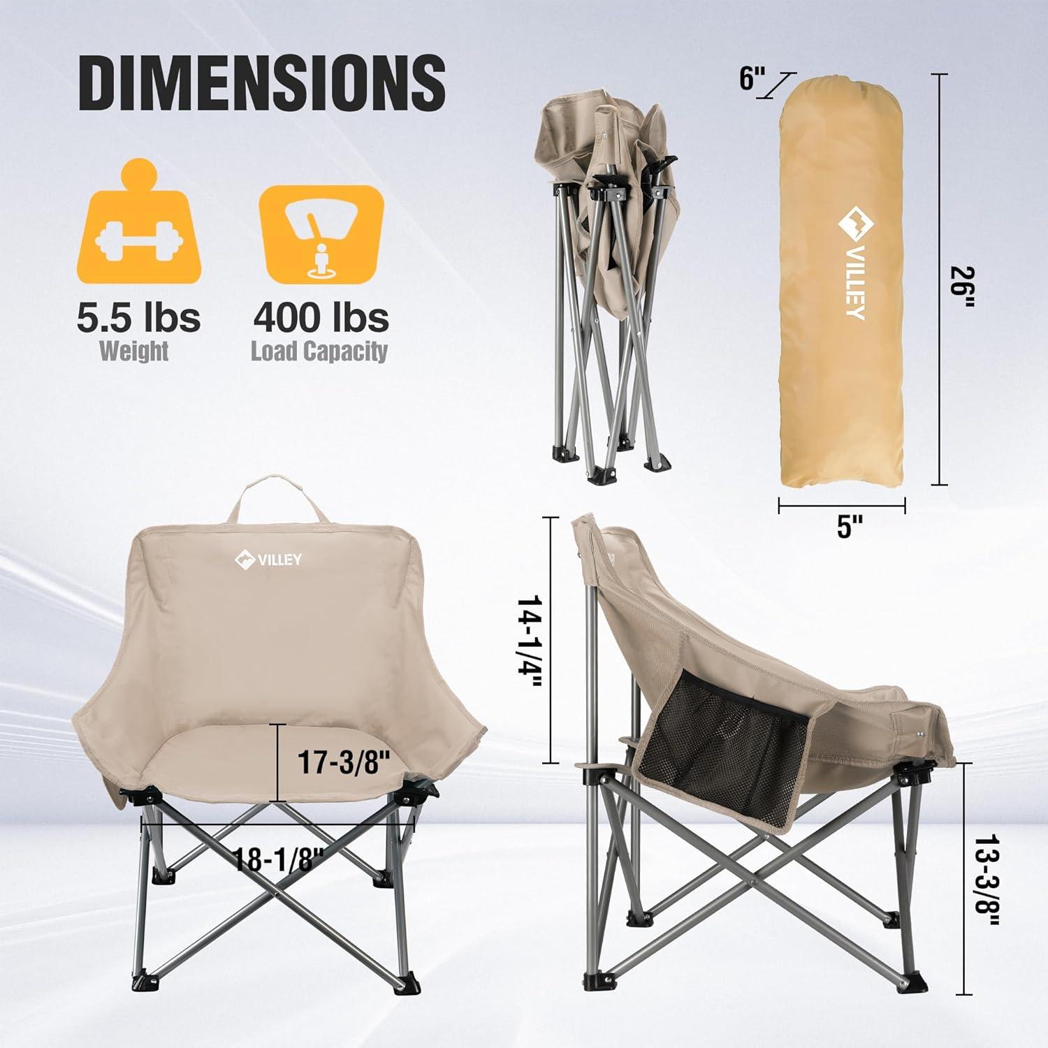 image:imageVILLEY Camping Chair Beach Folding Chair Outdoor Lawn Portable Lightweight Chair Foldable Chair with Carry Bag for Outside Hiking Fishing Travel Beach and Sports BlueBeige