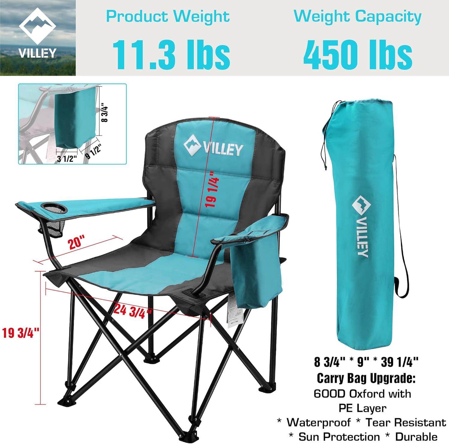 image:imageVILLEY Camping Chair Oversized Folding Camp Chair Portable Outdoor Chairs Support 450 LBS with Padded Seats Cooler Bag Cup Holder Carry Bag GreenBlue
