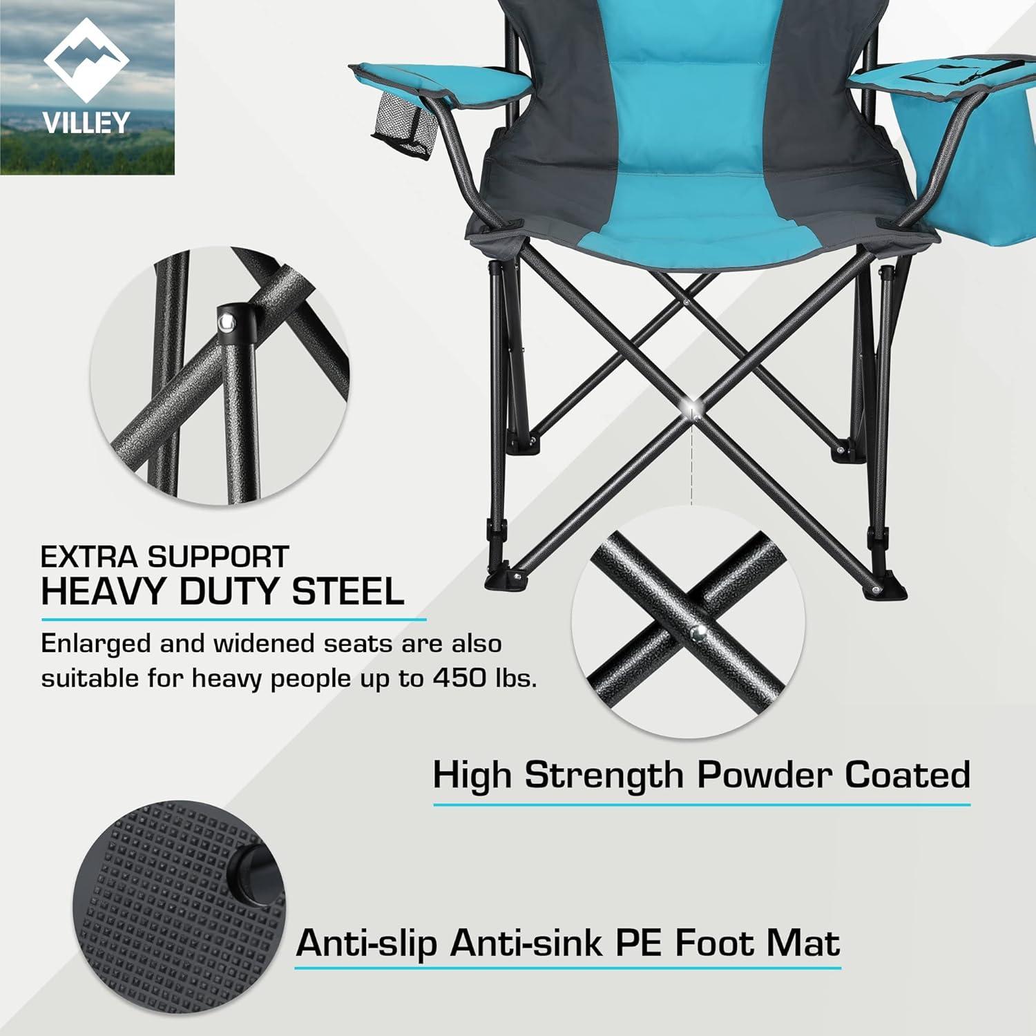 image:imageVILLEY Camping Chair Oversized Folding Camp Chair Portable Outdoor Chairs Support 450 LBS with Padded Seats Cooler Bag Cup Holder Carry Bag GreenBlue