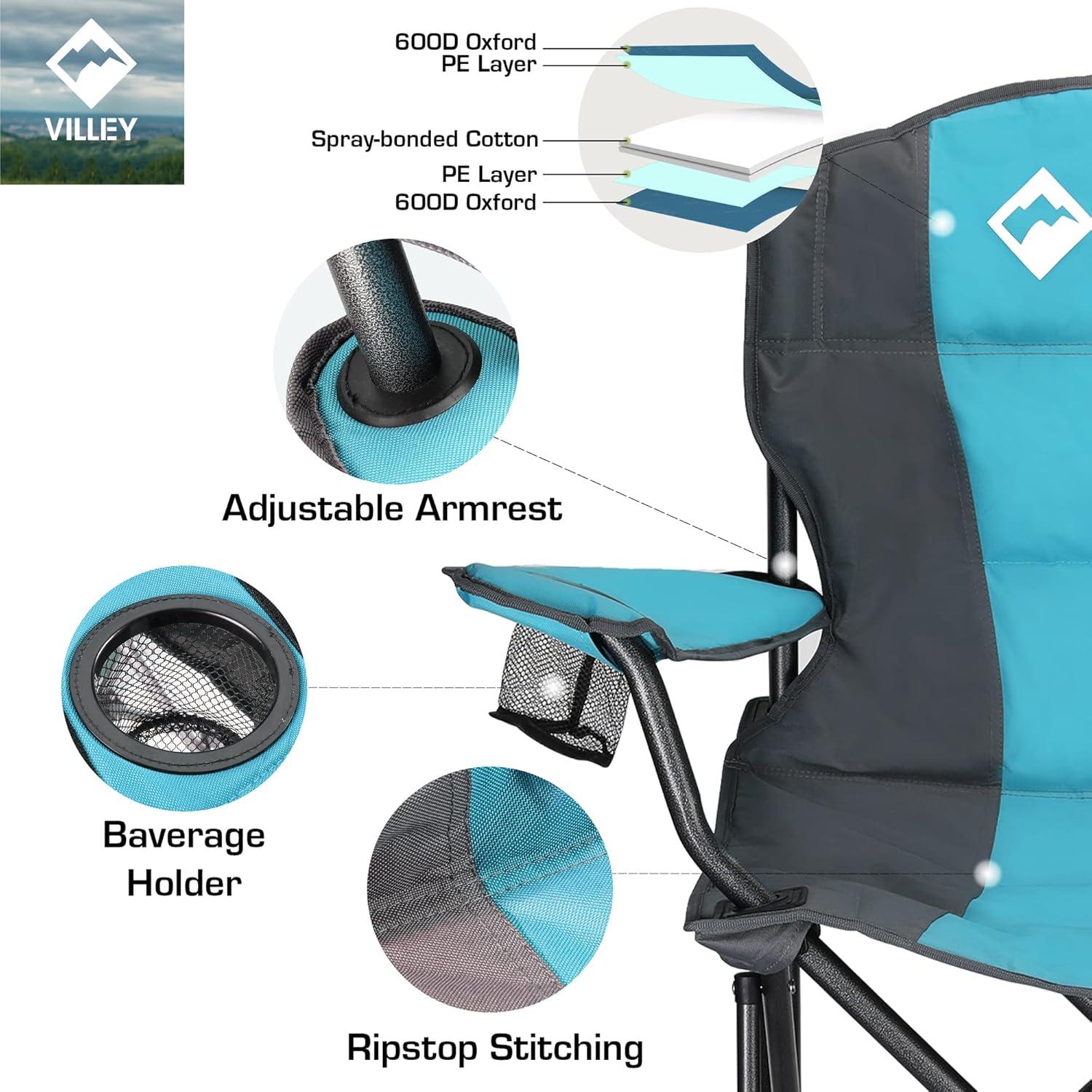 image:imageVILLEY Camping Chair Oversized Folding Camp Chair Portable Outdoor Chairs Support 450 LBS with Padded Seats Cooler Bag Cup Holder Carry Bag GreenBlue