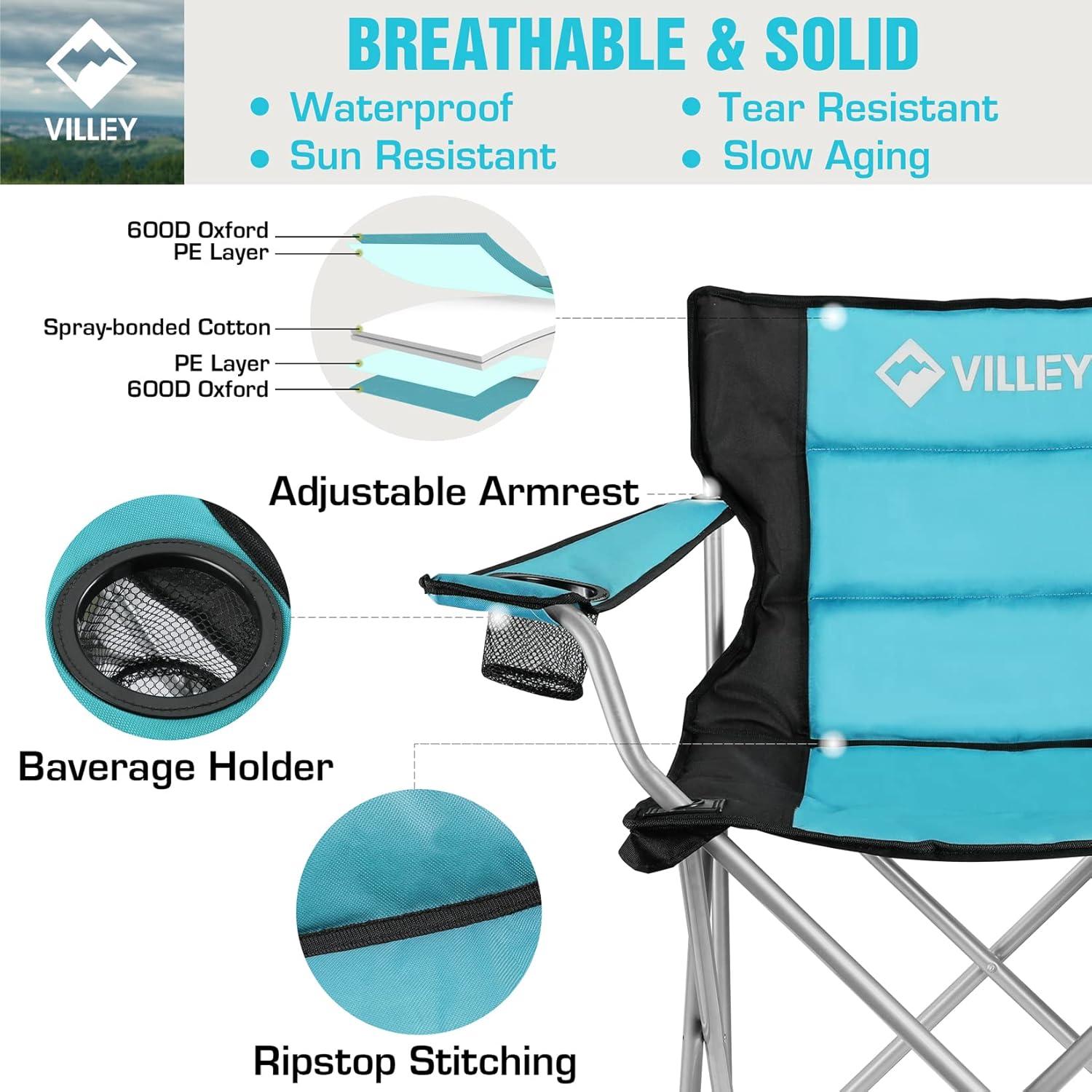 image:imageVILLEY Camping Chairs Padded Folding Chair Outdoor Portable High Camp Chair Foldable Outside Arm Chair with Cup Holder amp Carry Bag Blue