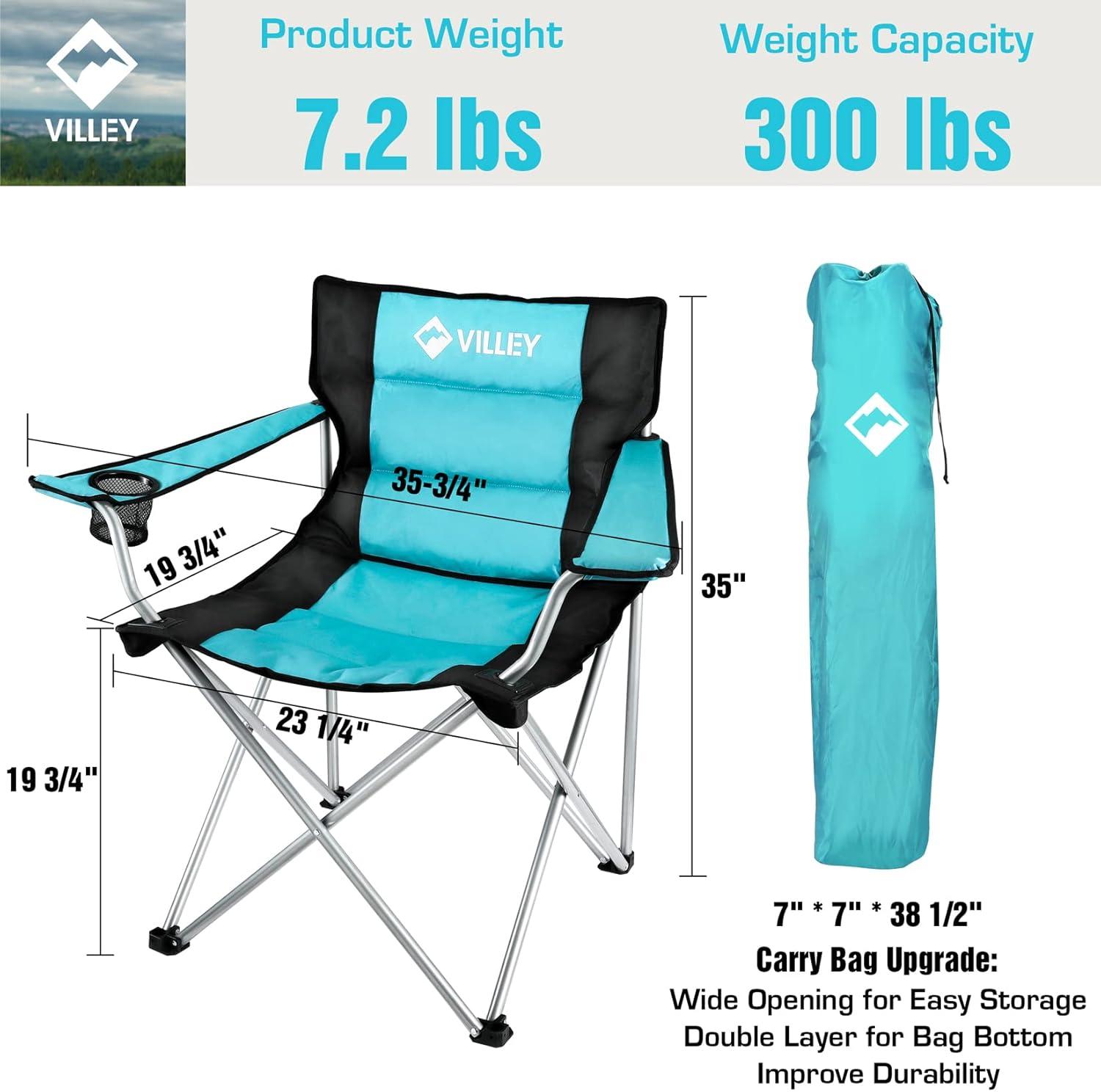 image:imageVILLEY Camping Chairs Padded Folding Chair Outdoor Portable High Camp Chair Foldable Outside Arm Chair with Cup Holder amp Carry Bag Blue