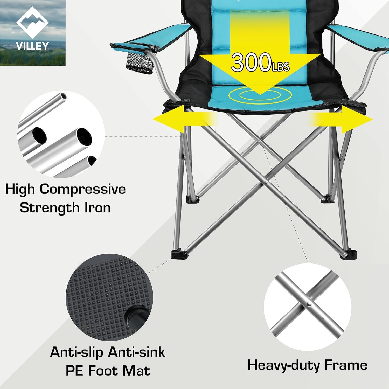 image:imageVILLEY Camping Chairs Padded Folding Chair Outdoor Portable High Camp Chair Foldable Outside Arm Chair with Cup Holder amp Carry Bag Blue
