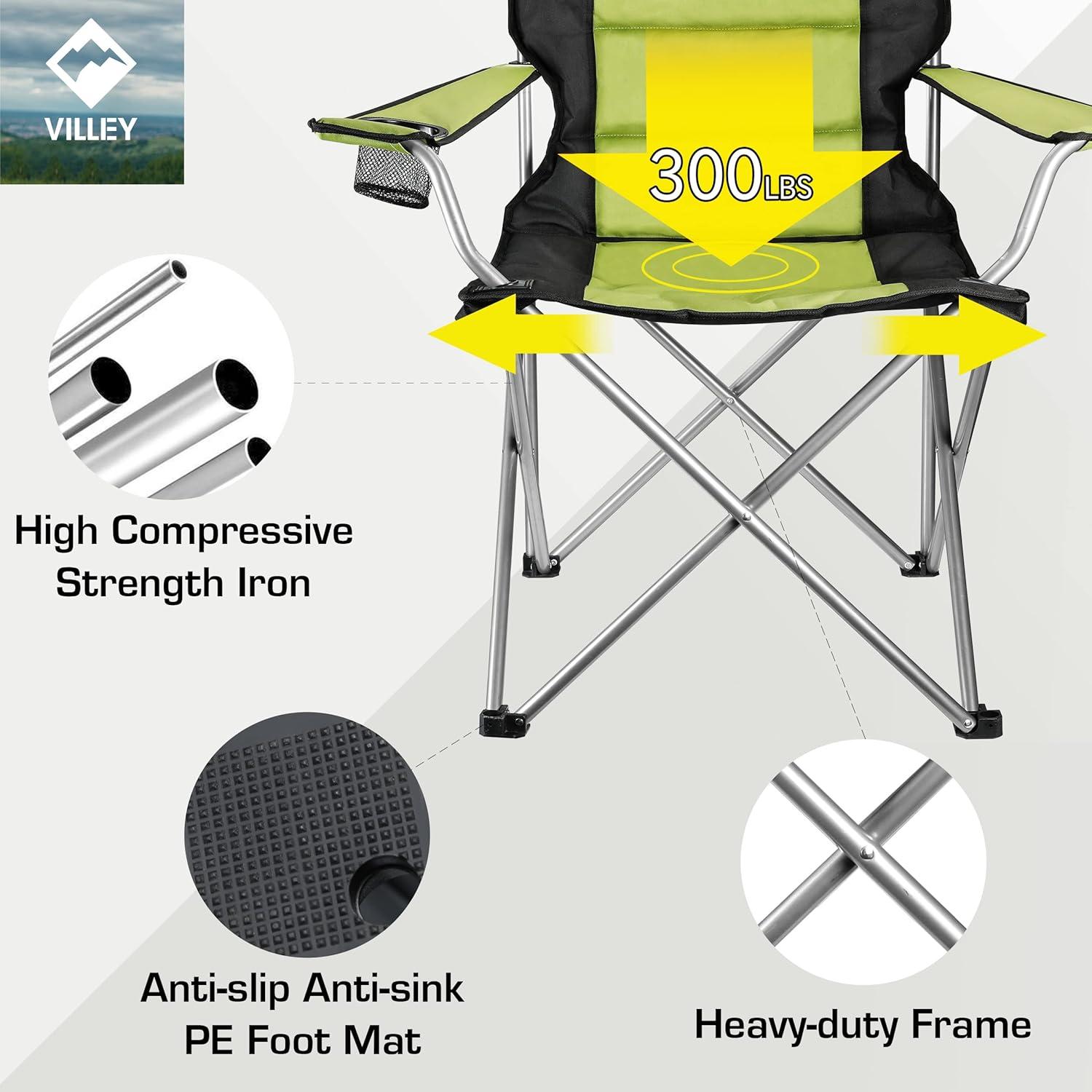 image:imageVILLEY Camping Chairs Padded Folding Chair Outdoor Portable High Camp Chair Foldable Outside Arm Chair with Cup Holder amp Carry Bag Green