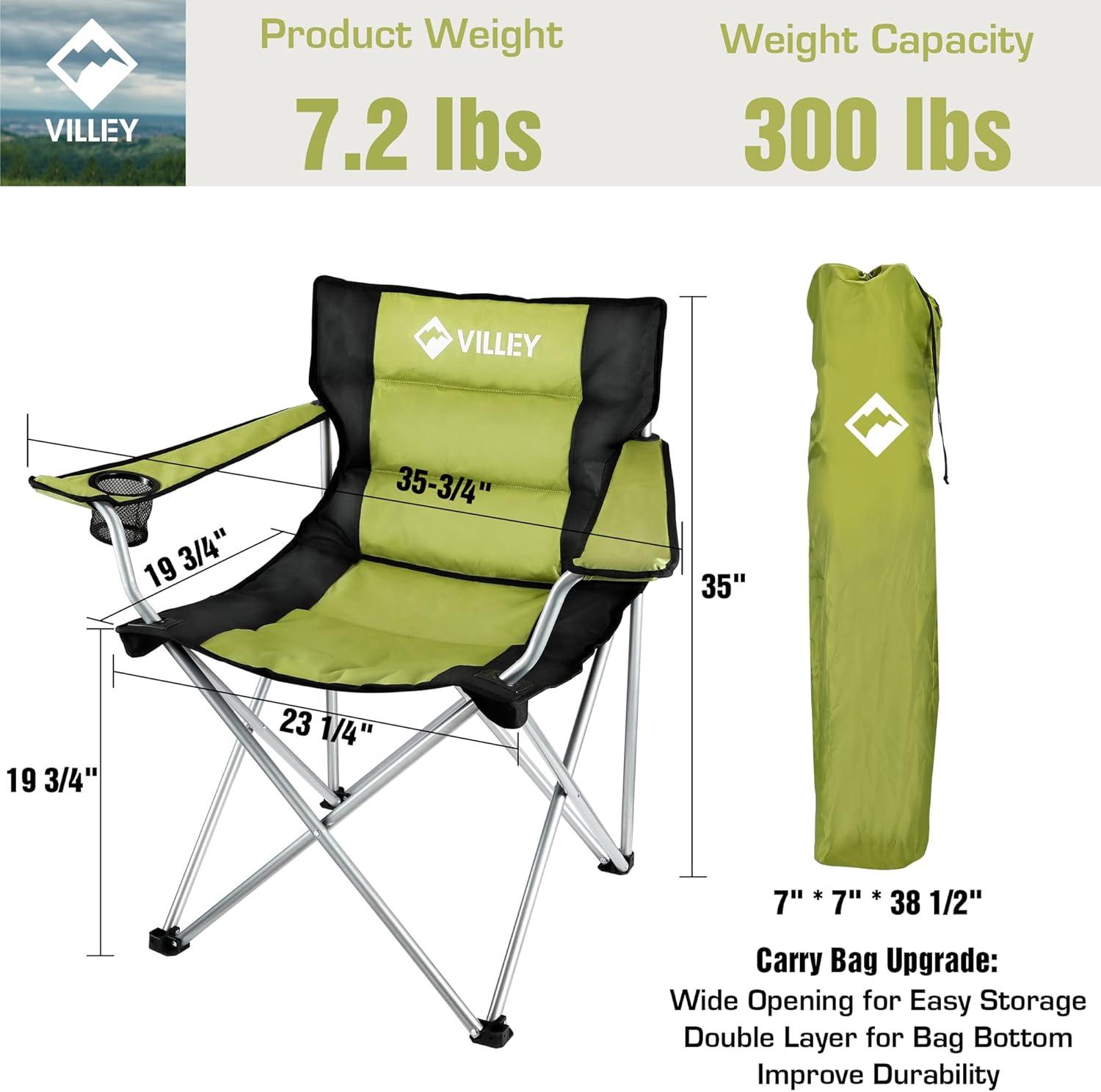 image:imageVILLEY Camping Chairs Padded Folding Chair Outdoor Portable High Camp Chair Foldable Outside Arm Chair with Cup Holder amp Carry Bag Green