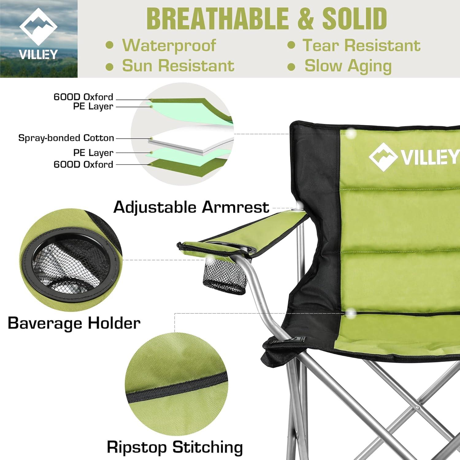 image:imageVILLEY Camping Chairs Padded Folding Chair Outdoor Portable High Camp Chair Foldable Outside Arm Chair with Cup Holder amp Carry Bag Green
