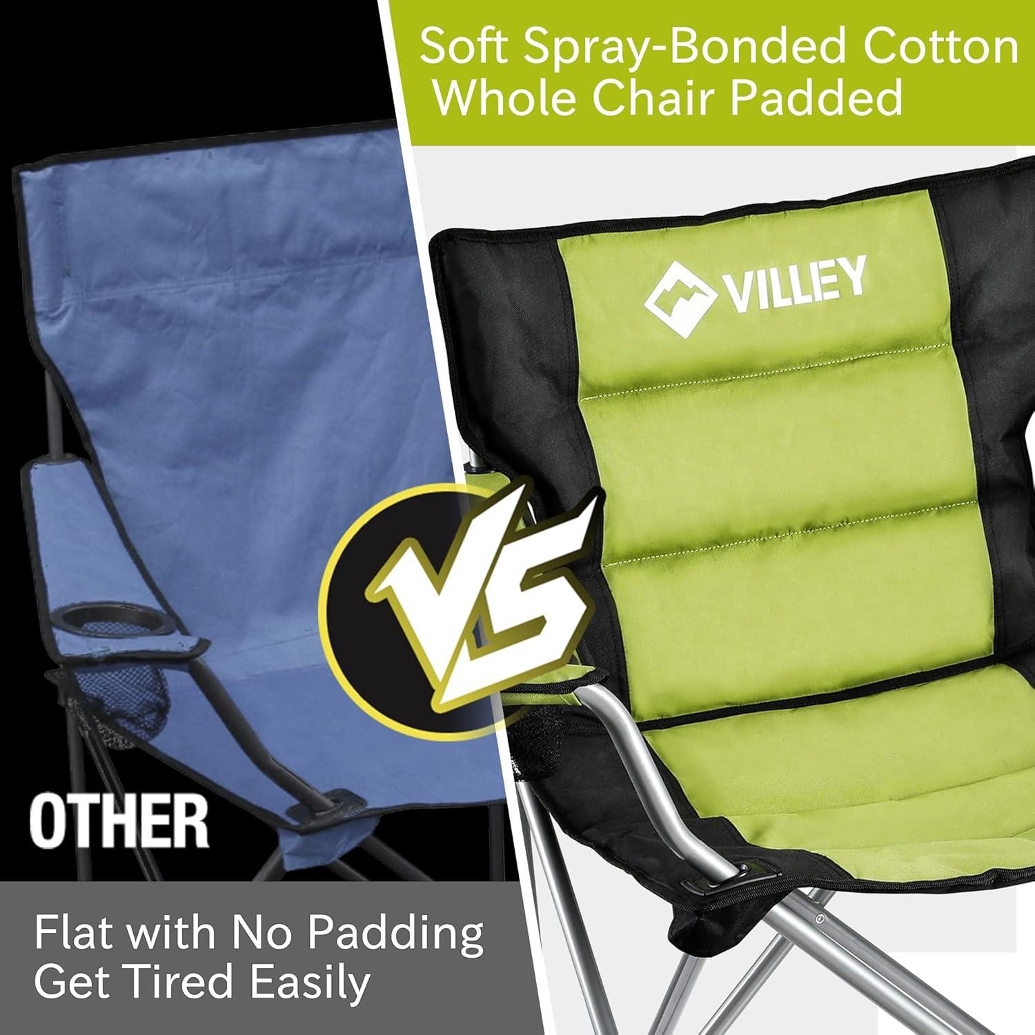 image:imageVILLEY Camping Chairs Padded Folding Chair Outdoor Portable High Camp Chair Foldable Outside Arm Chair with Cup Holder amp Carry Bag Green