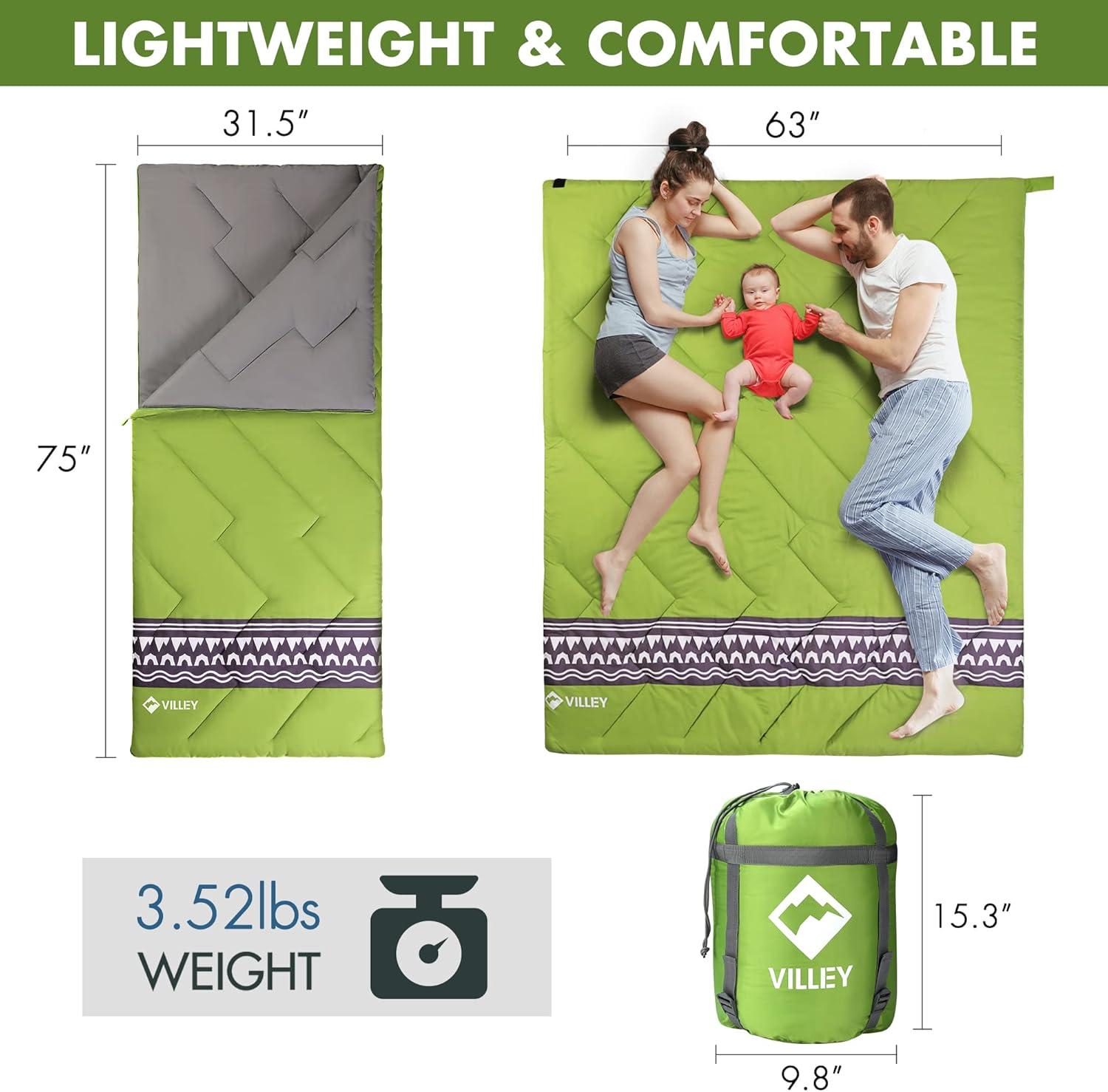 image:imageVILLEY Camping Sleeping Bag Lightweight Backpacking Sleeping Bag with Carrying Bag for Adults amp KidsGreen