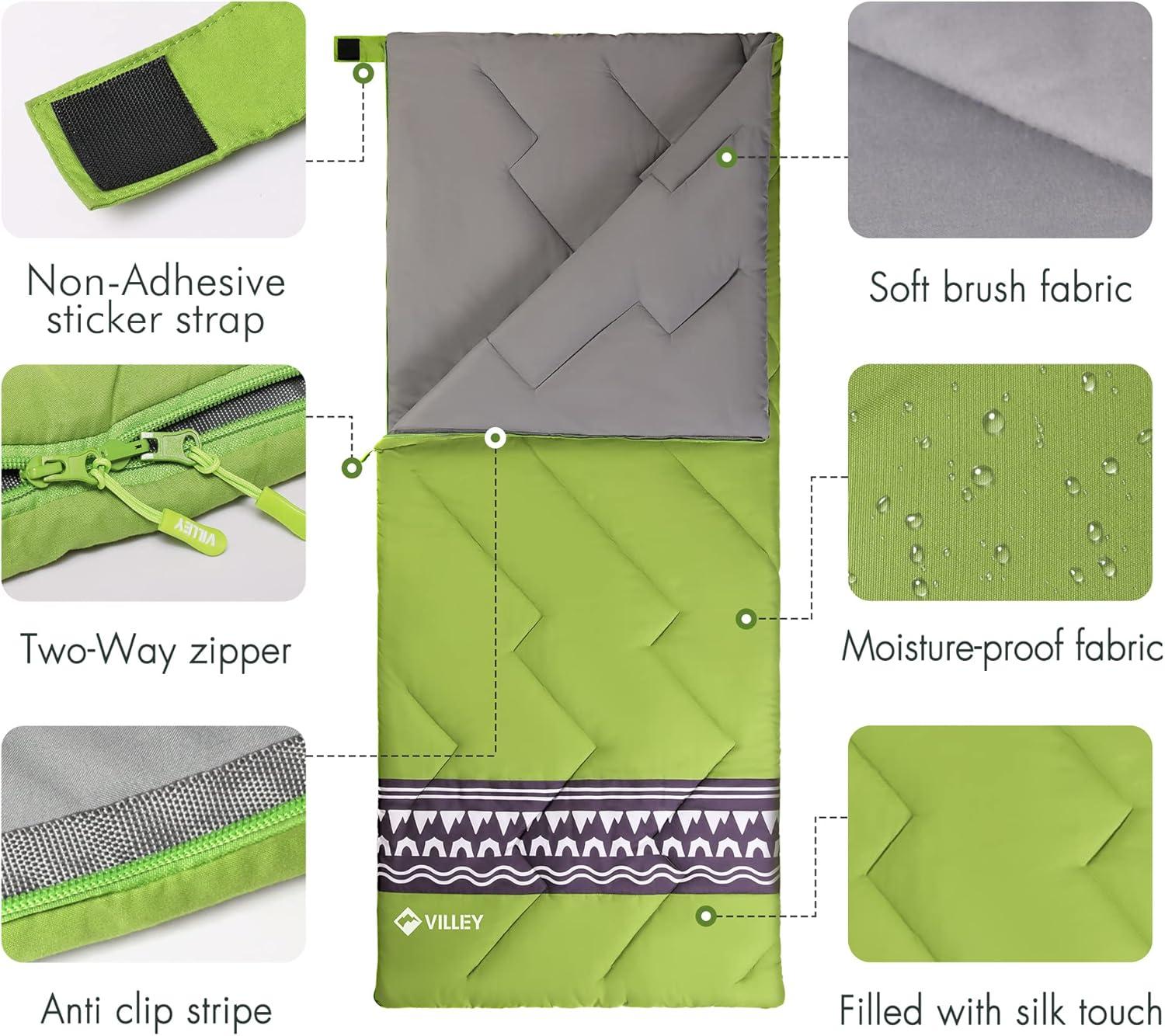 image:imageVILLEY Camping Sleeping Bag Lightweight Backpacking Sleeping Bag with Carrying Bag for Adults amp KidsGreen