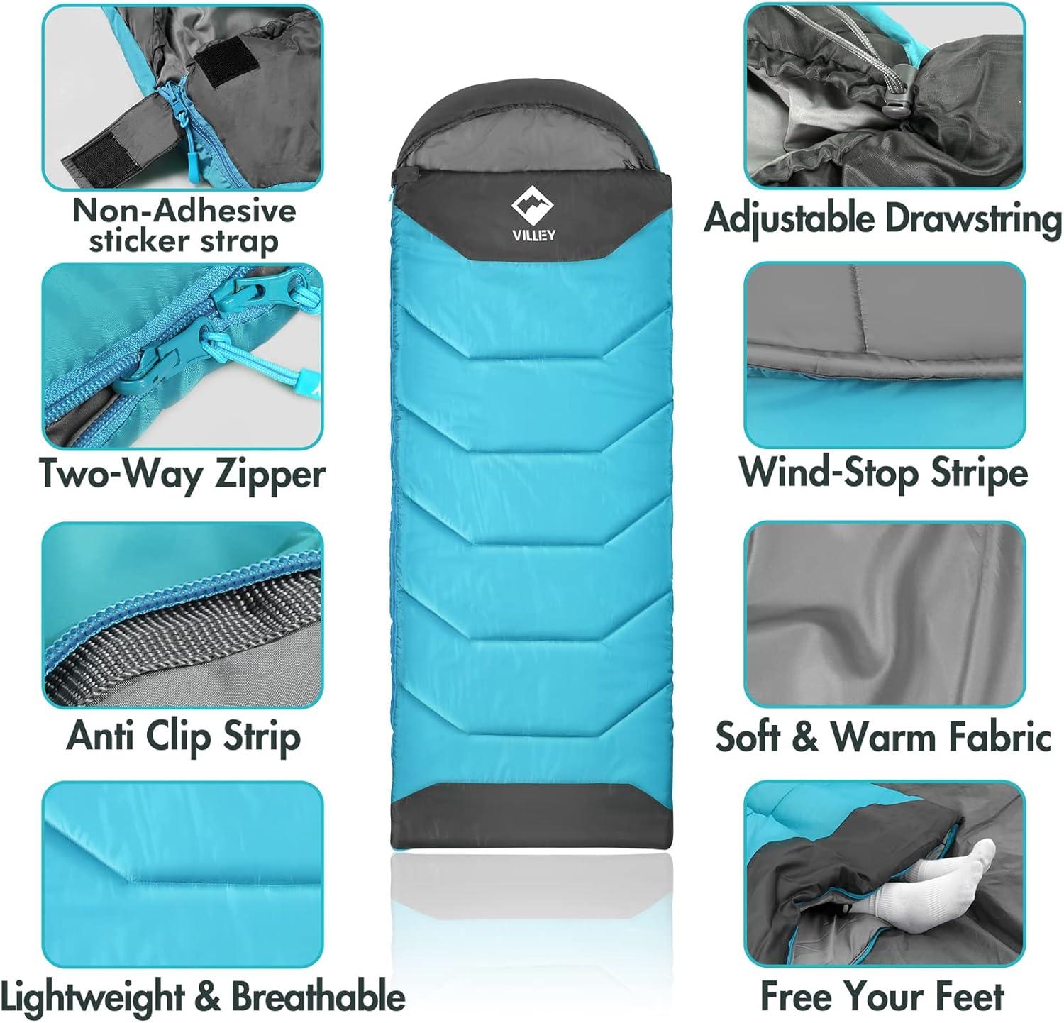 image:imageVILLEY Camping Sleeping Bag for Adults Boys and Girls Lightweight Compact Backpacking Sleeping Bag for Outdoor Traveling HikingBlue