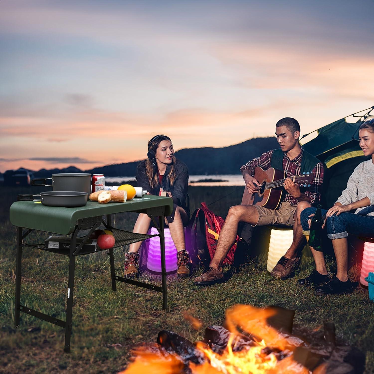 image:imageVILLEY Camping Table and Collapsible Stools Set Lightweight Foldable Beach Table with 2 Portable Stools and Mesh Layer Perfect for Outdoor BBQ Picnic Beach Hiking and Indoor UseGreen