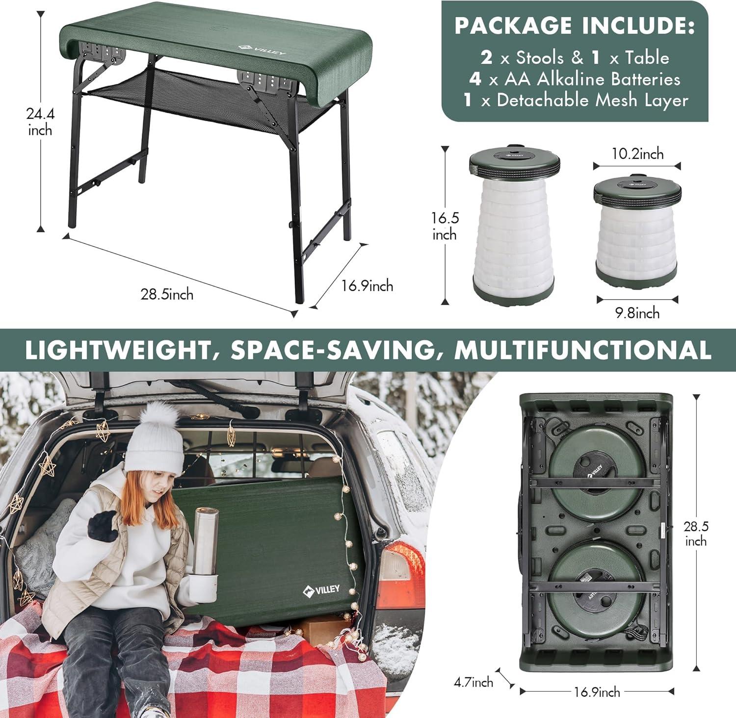 image:imageVILLEY Camping Table and Collapsible Stools Set Lightweight Foldable Beach Table with 2 Portable Stools and Mesh Layer Perfect for Outdoor BBQ Picnic Beach Hiking and Indoor UseGreen