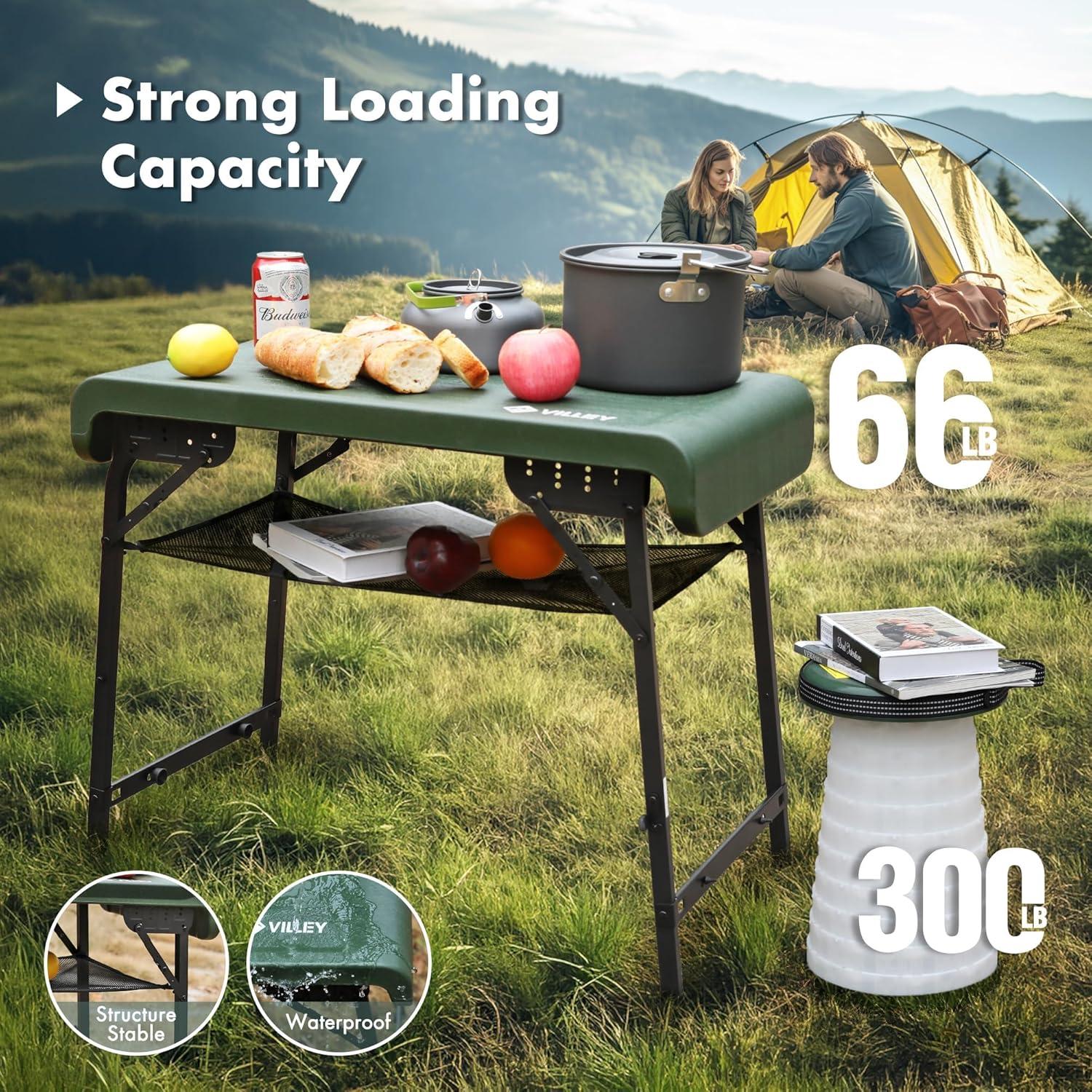 image:imageVILLEY Camping Table and Collapsible Stools Set Lightweight Foldable Beach Table with 2 Portable Stools and Mesh Layer Perfect for Outdoor BBQ Picnic Beach Hiking and Indoor UseGreen