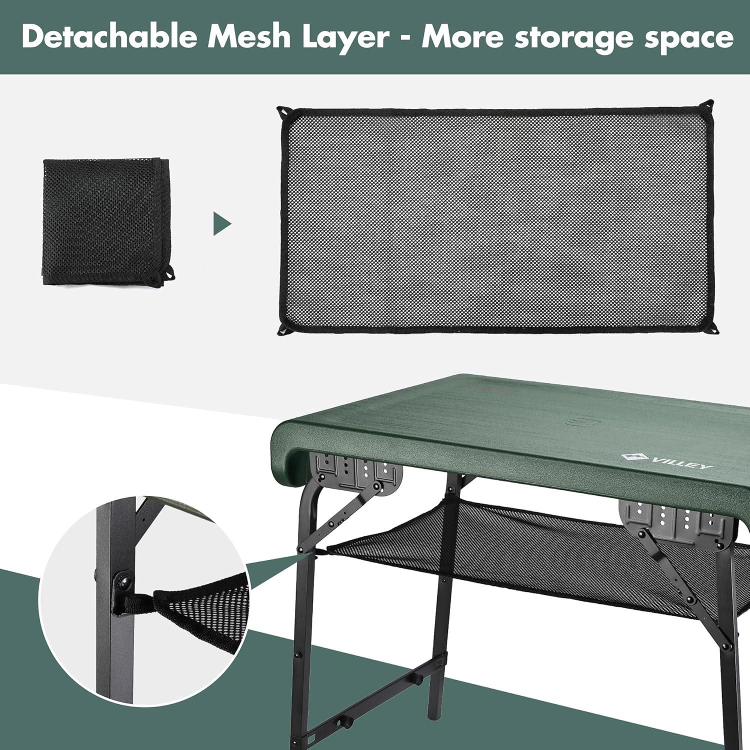 image:imageVILLEY Camping Table and Collapsible Stools Set Lightweight Foldable Beach Table with 2 Portable Stools and Mesh Layer Perfect for Outdoor BBQ Picnic Beach Hiking and Indoor UseGreen