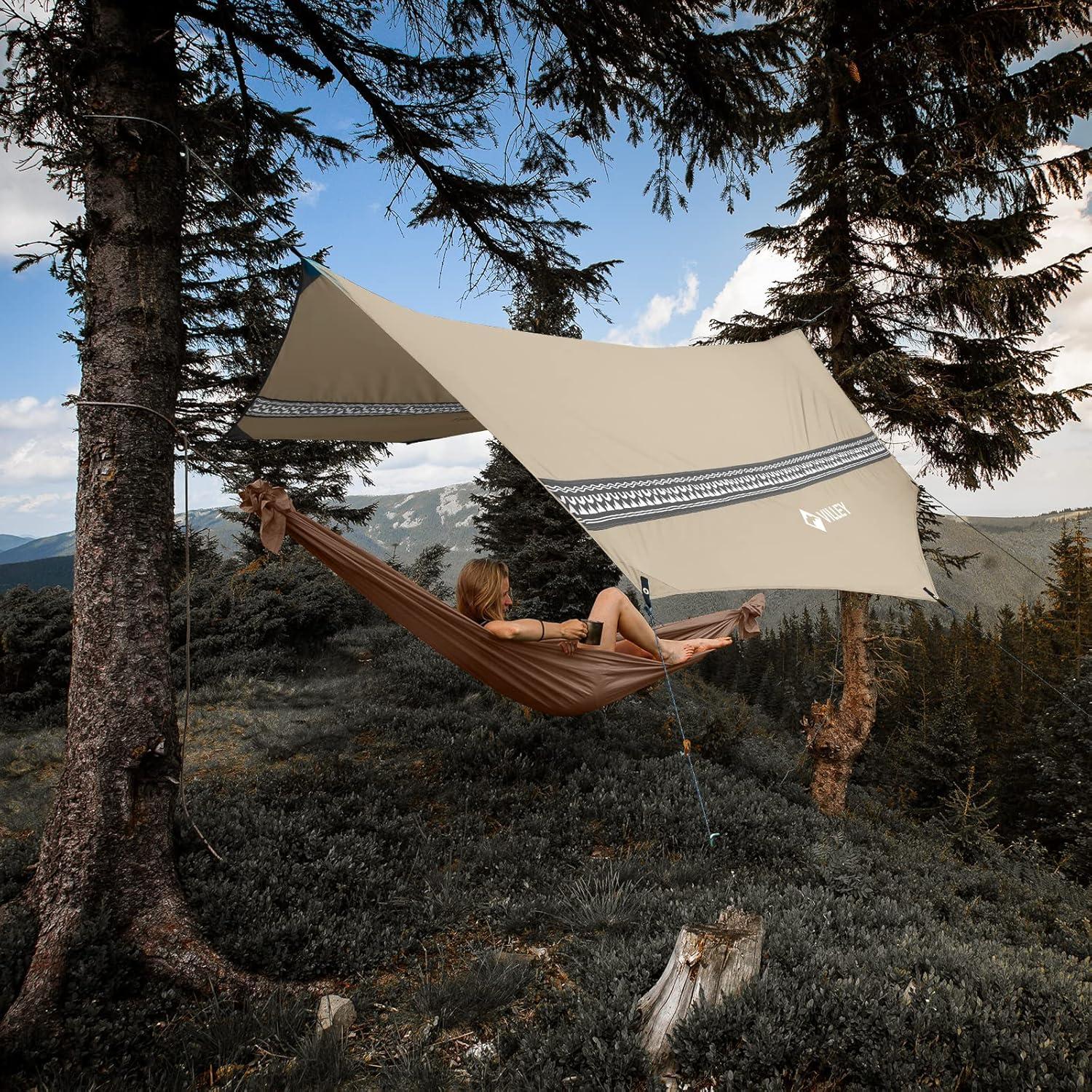image:imageVILLEY Camping Tarps for Tents Portable Waterproof Hammock Rain Fly Easy Set Up Camping Shelter Sunshade Canopy for Outdoor Fishing Backpacking Hiking Survival Gear Heptagonal BlueKhaki