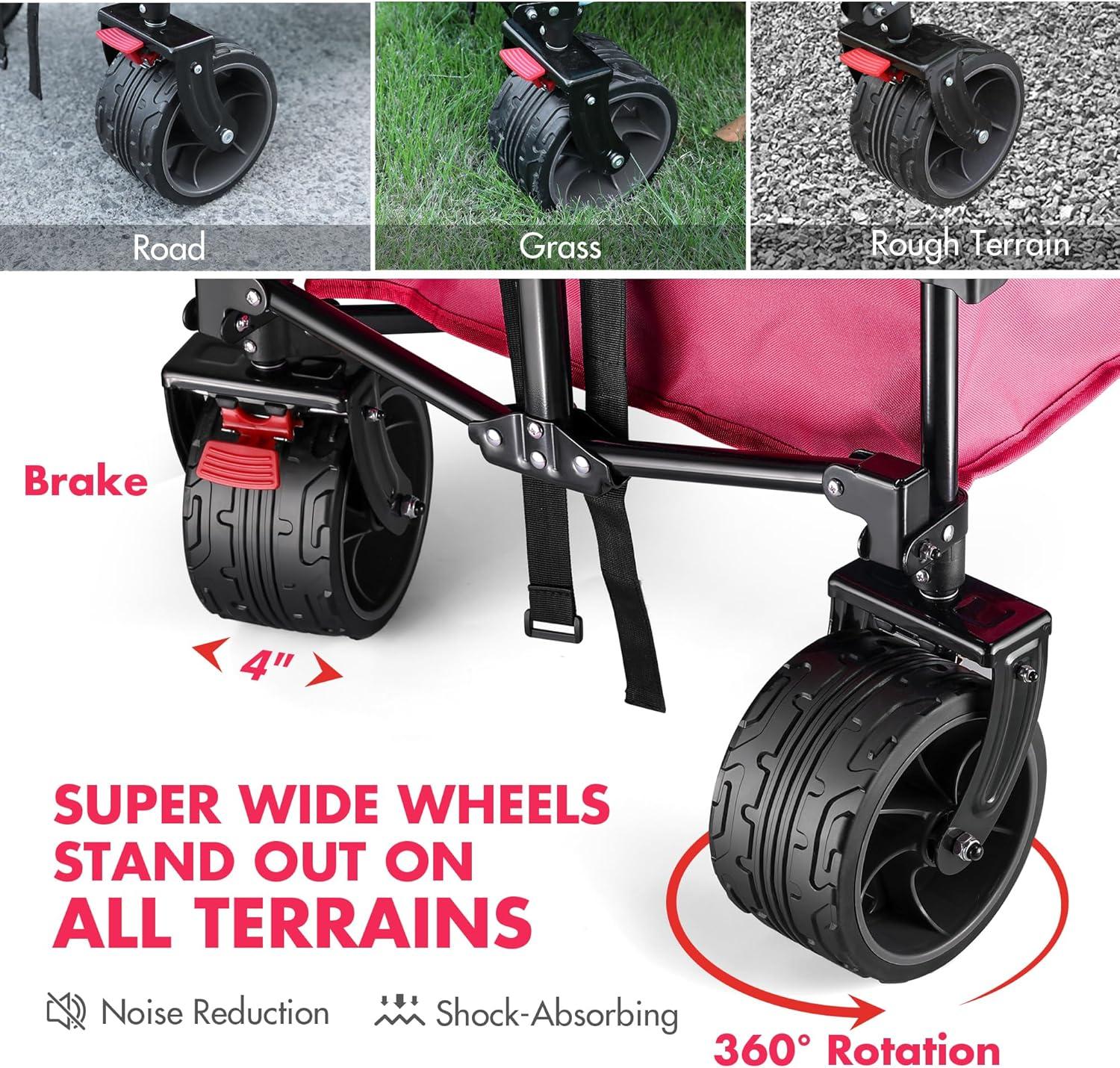 image:imageVILLEY Collapsible Folding Wagon with Big Wheels Enlarged 225lbs Capacity All Terrain Wagons Carts Heavy Duty Foldable Portable Utility Garden Cart with 2 Cup Holders and Brake PinkPink