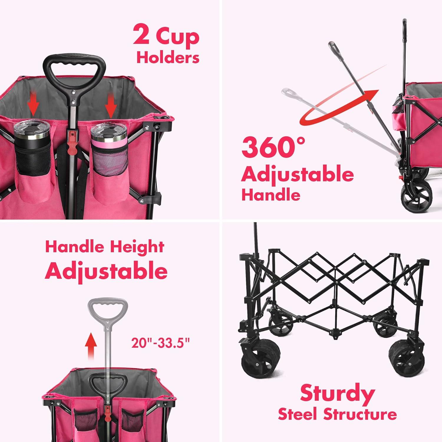 image:imageVILLEY Collapsible Folding Wagon with Big Wheels Enlarged 225lbs Capacity All Terrain Wagons Carts Heavy Duty Foldable Portable Utility Garden Cart with 2 Cup Holders and Brake PinkPink