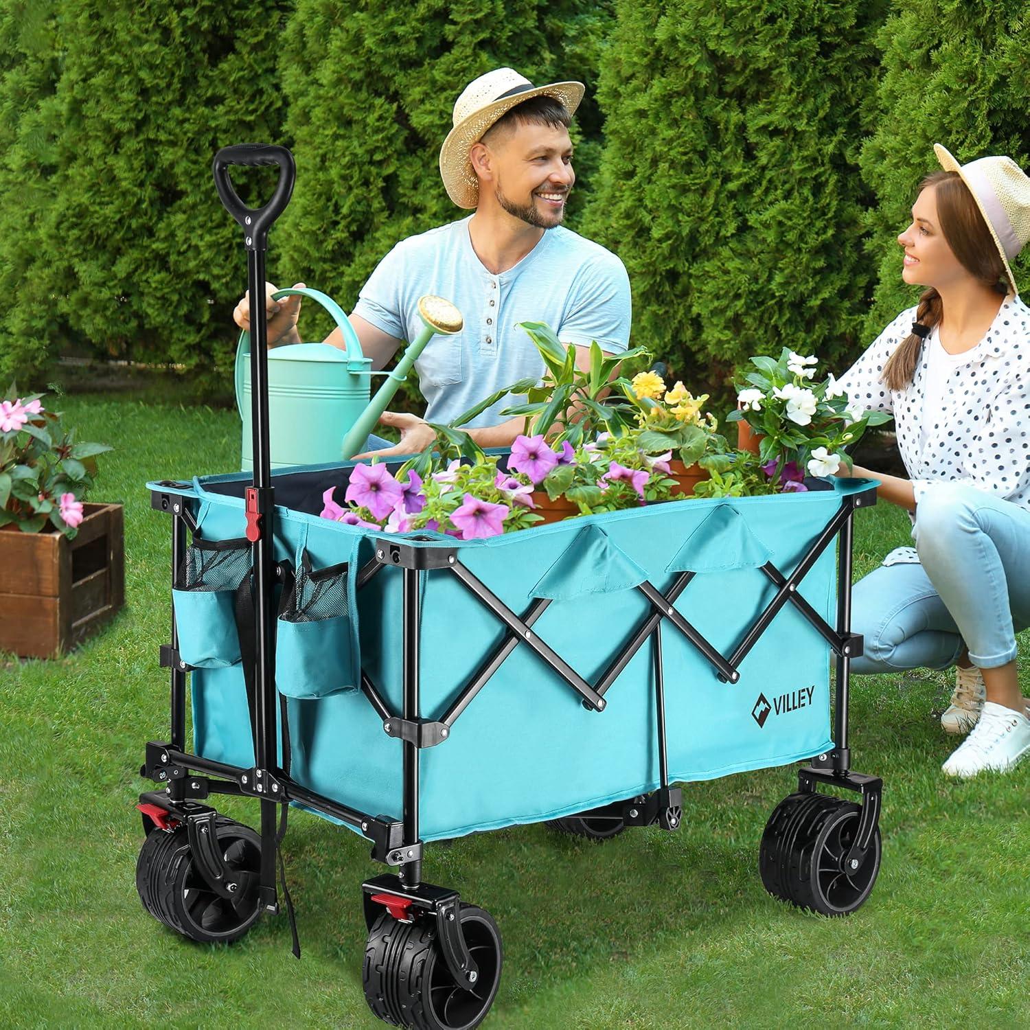 image:imageVILLEY Collapsible Folding Wagon with Big Wheels Enlarged 225lbs Capacity All Terrain Wagons Carts Heavy Duty Foldable Portable Utility Garden Cart with 2 Cup Holders and Brake PinkBlue