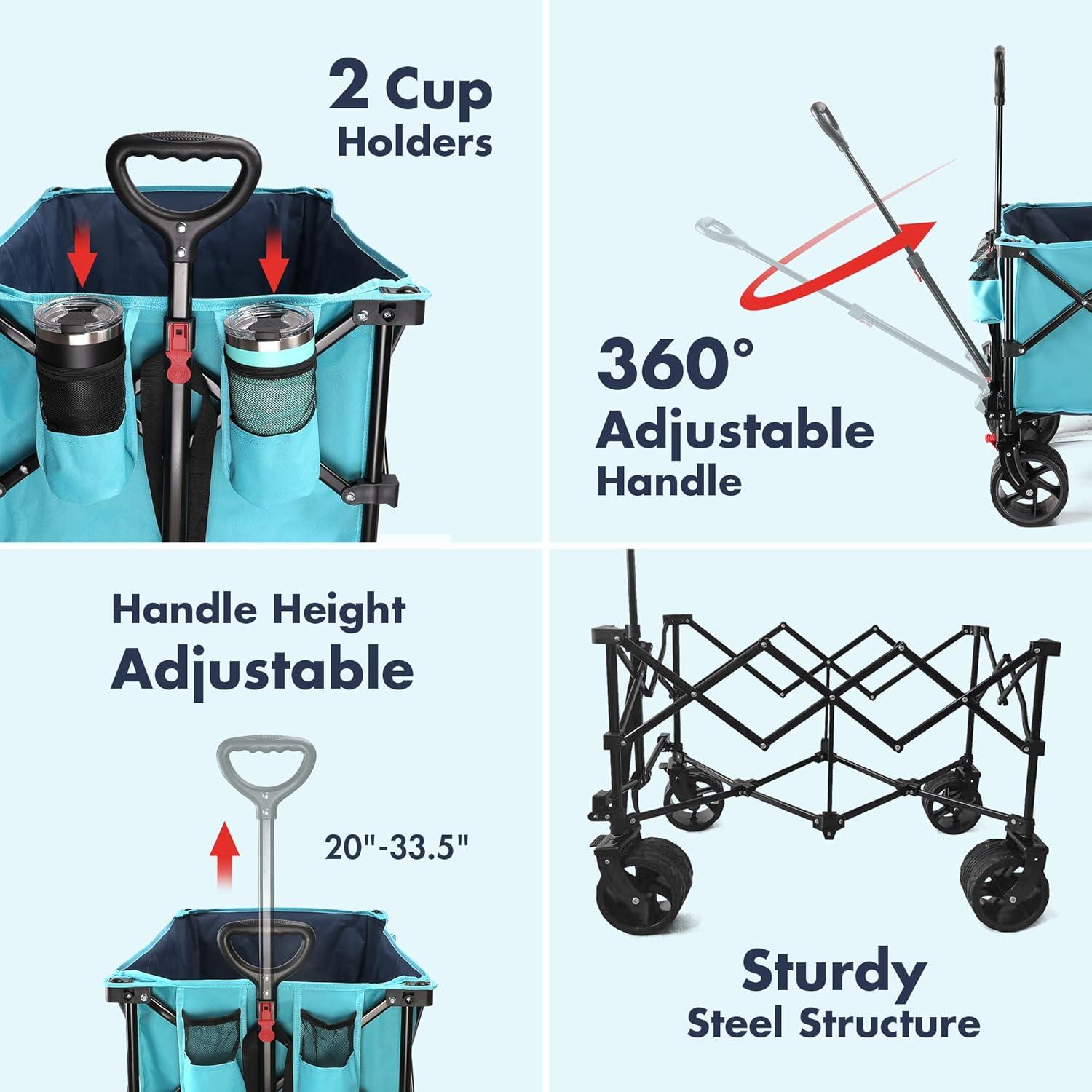 image:imageVILLEY Collapsible Folding Wagon with Big Wheels Enlarged 225lbs Capacity All Terrain Wagons Carts Heavy Duty Foldable Portable Utility Garden Cart with 2 Cup Holders and Brake PinkBlue