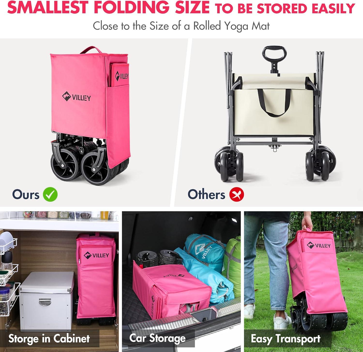 image:imageVILLEY Collapsible Folding Wagon with Big Wheels Enlarged 225lbs Capacity All Terrain Wagons Carts Heavy Duty Foldable Portable Utility Garden Cart with 2 Cup Holders and Brake PinkPink