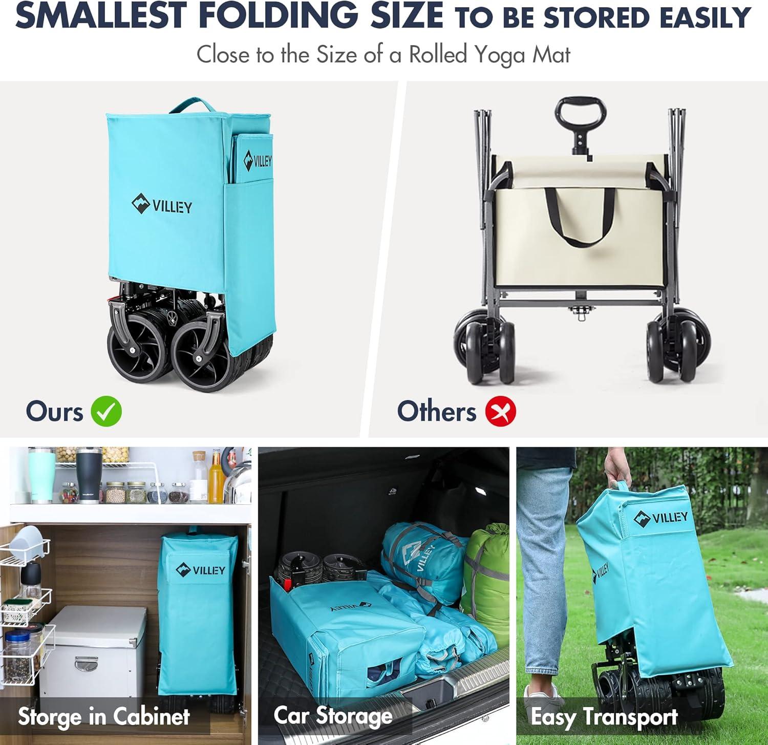 image:imageVILLEY Collapsible Folding Wagon with Big Wheels Enlarged 225lbs Capacity All Terrain Wagons Carts Heavy Duty Foldable Portable Utility Garden Cart with 2 Cup Holders and Brake PinkBlue
