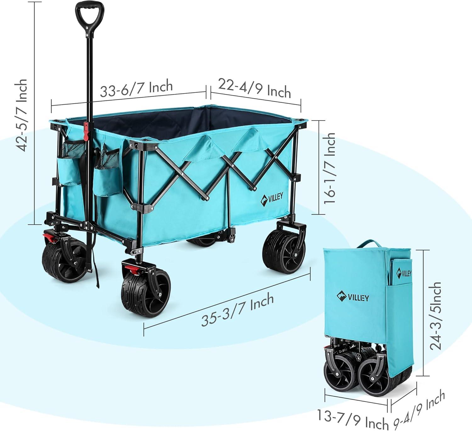 image:imageVILLEY Collapsible Folding Wagon with Big Wheels Enlarged 225lbs Capacity All Terrain Wagons Carts Heavy Duty Foldable Portable Utility Garden Cart with 2 Cup Holders and Brake PinkBlue
