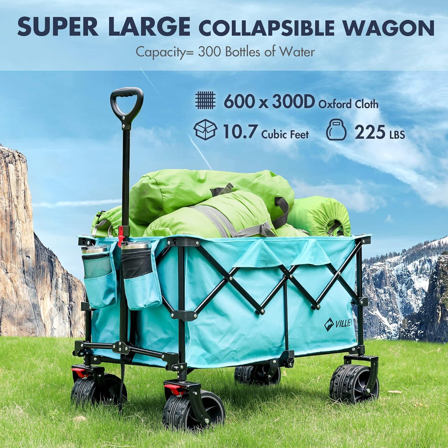 image:imageVILLEY Collapsible Folding Wagon with Big Wheels Enlarged 225lbs Capacity All Terrain Wagons Carts Heavy Duty Foldable Portable Utility Garden Cart with 2 Cup Holders and Brake PinkBlue
