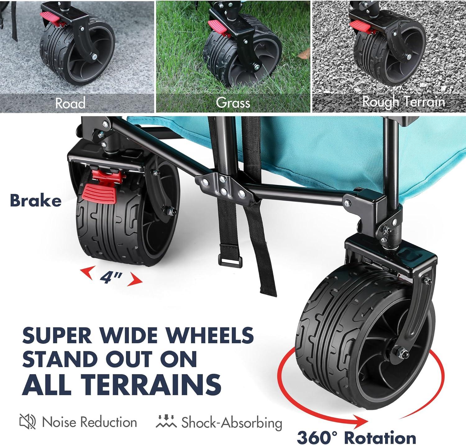 image:imageVILLEY Collapsible Folding Wagon with Big Wheels Enlarged 225lbs Capacity All Terrain Wagons Carts Heavy Duty Foldable Portable Utility Garden Cart with 2 Cup Holders and Brake PinkBlue