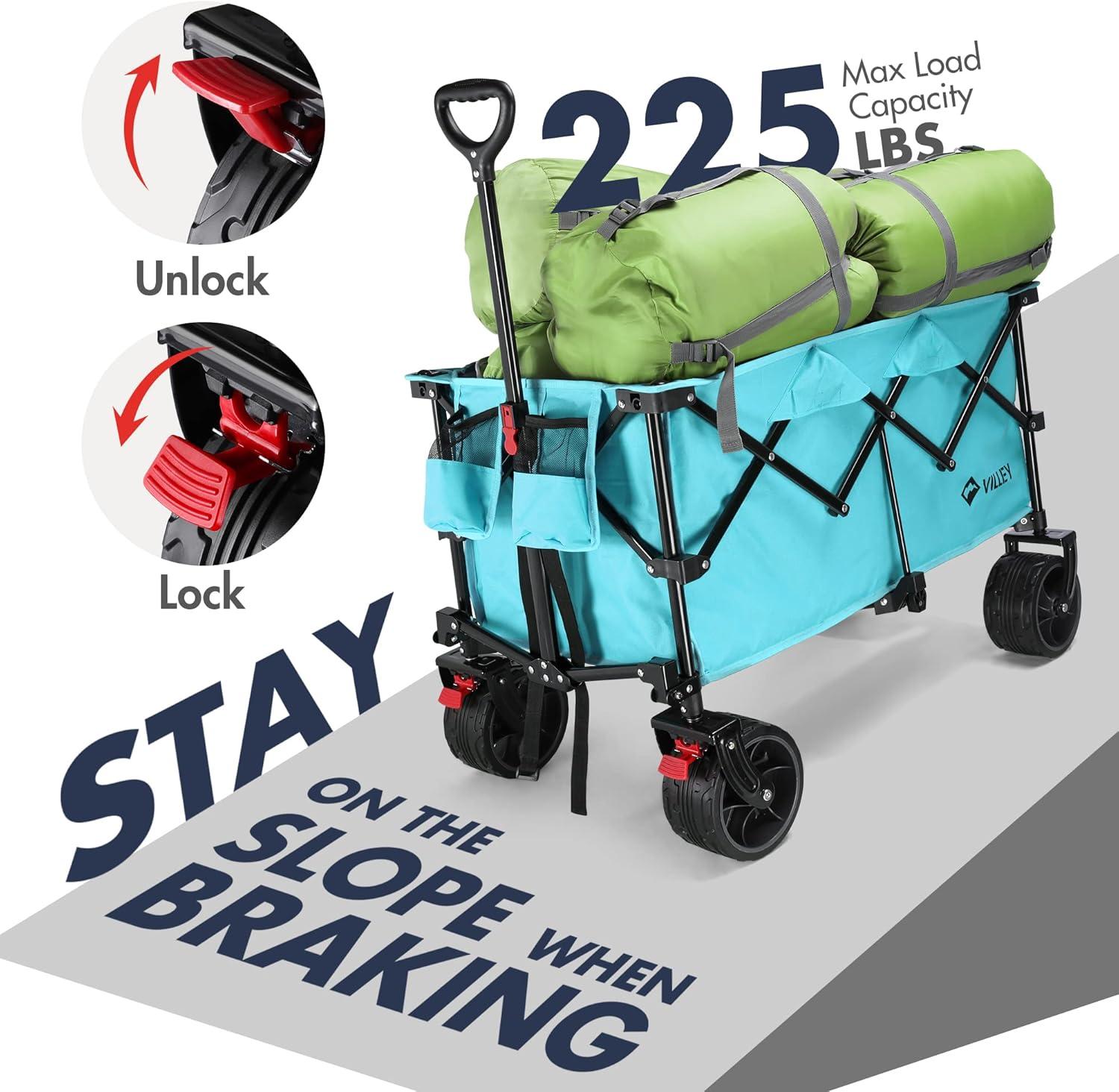 image:imageVILLEY Collapsible Folding Wagon with Big Wheels Enlarged 225lbs Capacity All Terrain Wagons Carts Heavy Duty Foldable Portable Utility Garden Cart with 2 Cup Holders and Brake PinkBlue