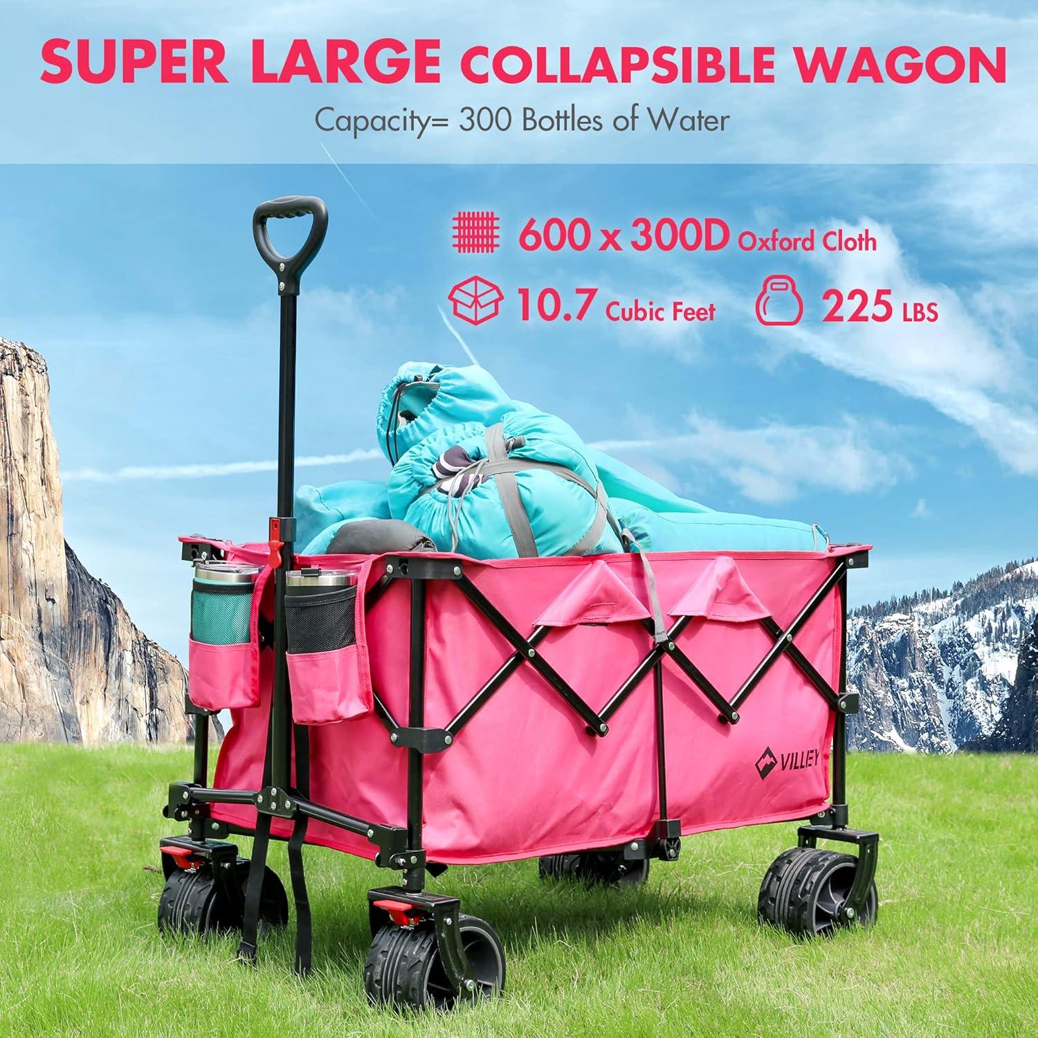 image:imageVILLEY Collapsible Folding Wagon with Big Wheels Enlarged 225lbs Capacity All Terrain Wagons Carts Heavy Duty Foldable Portable Utility Garden Cart with 2 Cup Holders and Brake PinkPink