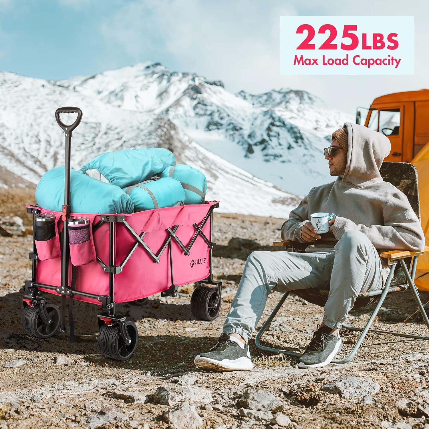 image:imageVILLEY Collapsible Folding Wagon with Big Wheels Enlarged 225lbs Capacity All Terrain Wagons Carts Heavy Duty Foldable Portable Utility Garden Cart with 2 Cup Holders and Brake PinkPink