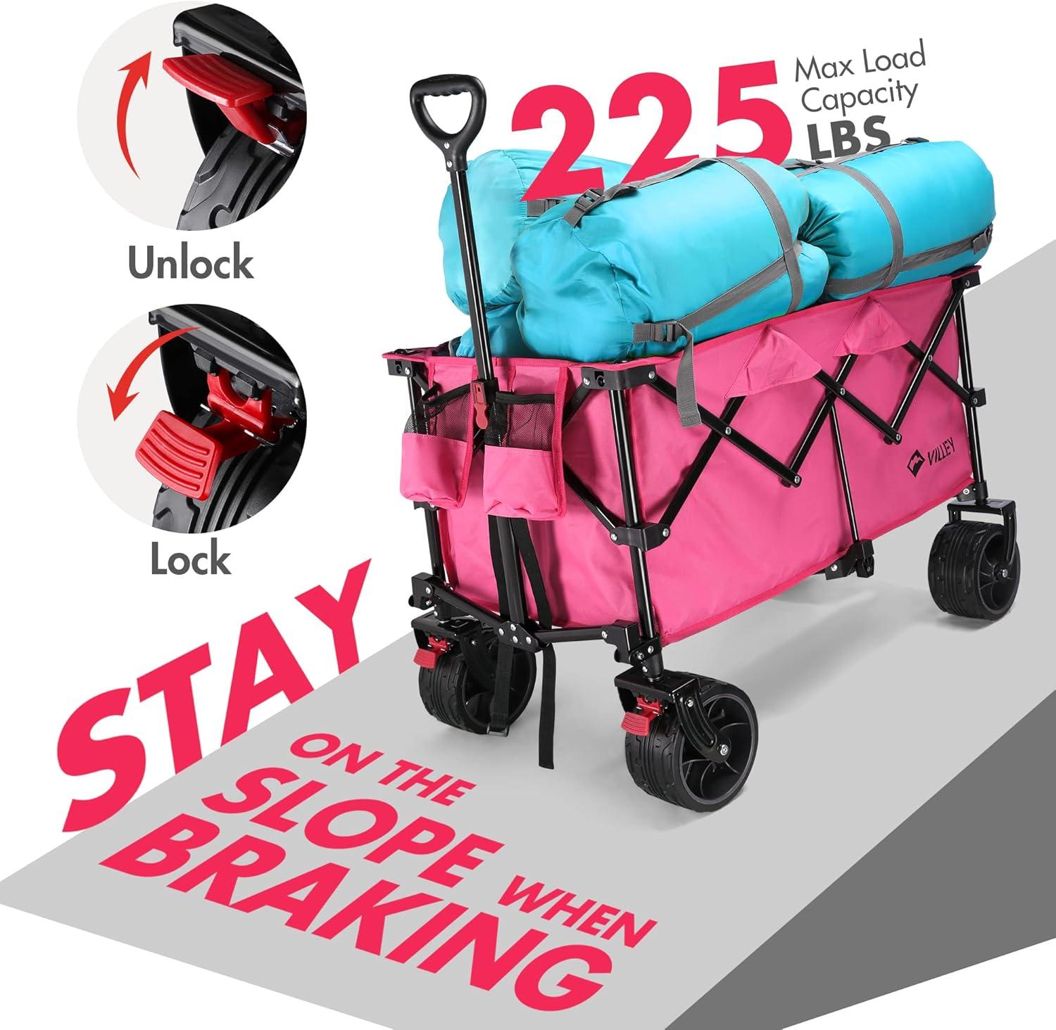 image:imageVILLEY Collapsible Folding Wagon with Big Wheels Enlarged 225lbs Capacity All Terrain Wagons Carts Heavy Duty Foldable Portable Utility Garden Cart with 2 Cup Holders and Brake PinkPink