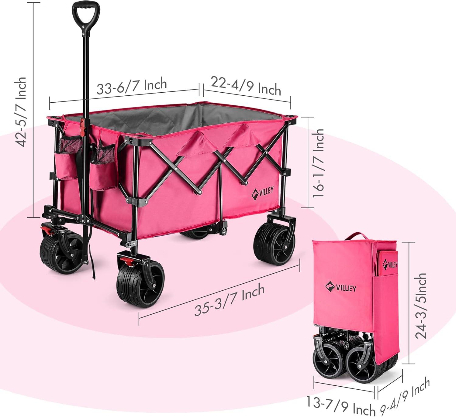 image:imageVILLEY Collapsible Folding Wagon with Big Wheels Enlarged 225lbs Capacity All Terrain Wagons Carts Heavy Duty Foldable Portable Utility Garden Cart with 2 Cup Holders and Brake PinkPink
